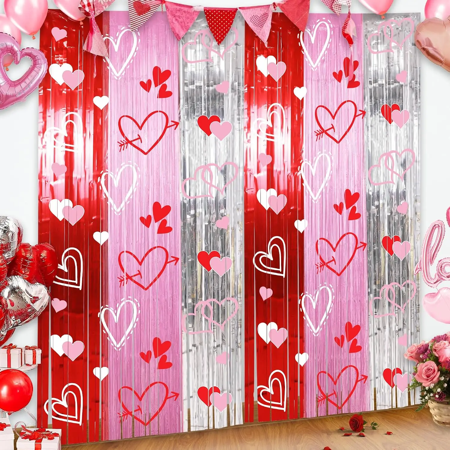 Foil Fringe Curtains Backdrop Valentines Party Decorations, 2 Pack 3.3 x 6.6 FT Red   Tinsel Valentines Day Backdrop, Valentine Photo Backdrops Galentines Day Decor Wedding Party Decor