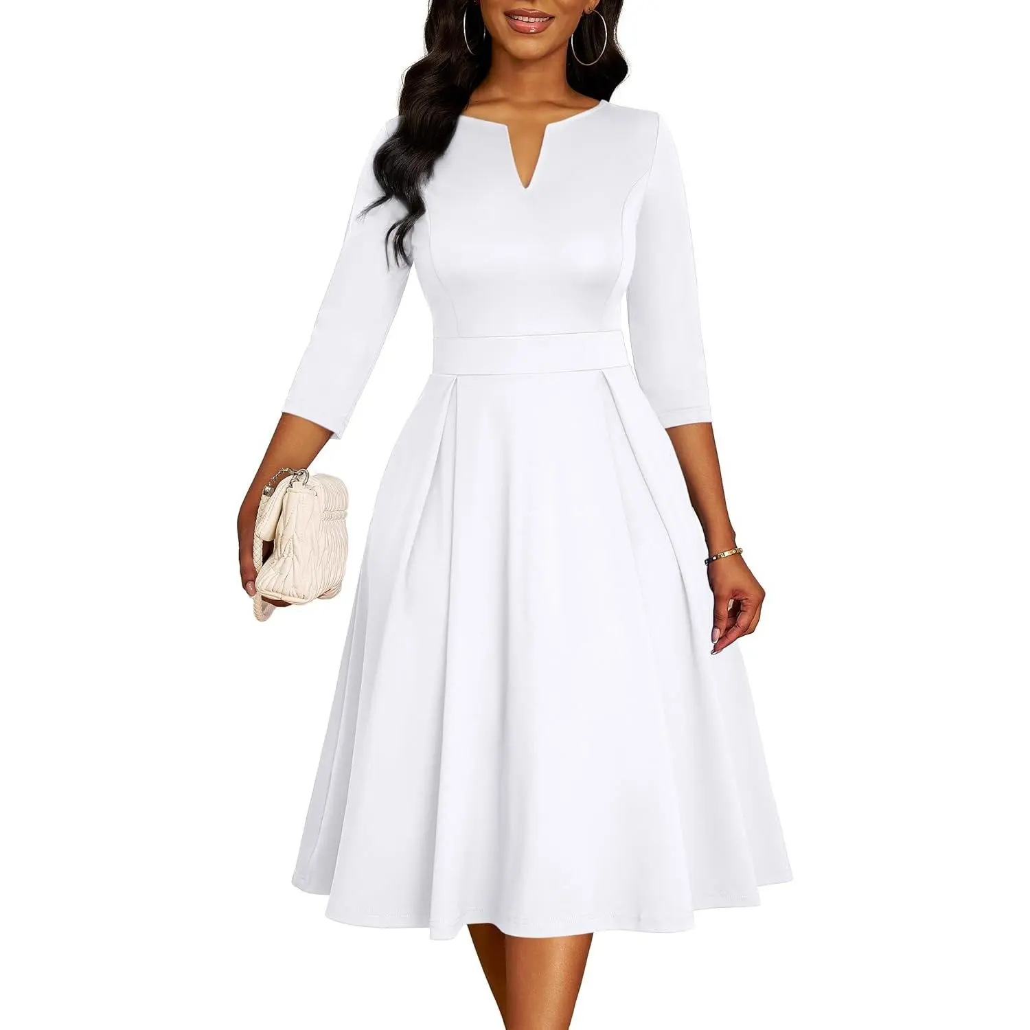 Women's Elegant Fit and Flare Midi Dress with 3/4 Sleeves and V-Neck, Semi-Formal Polyester Elastane Cocktail Attire for Church with Pockets, Funeral