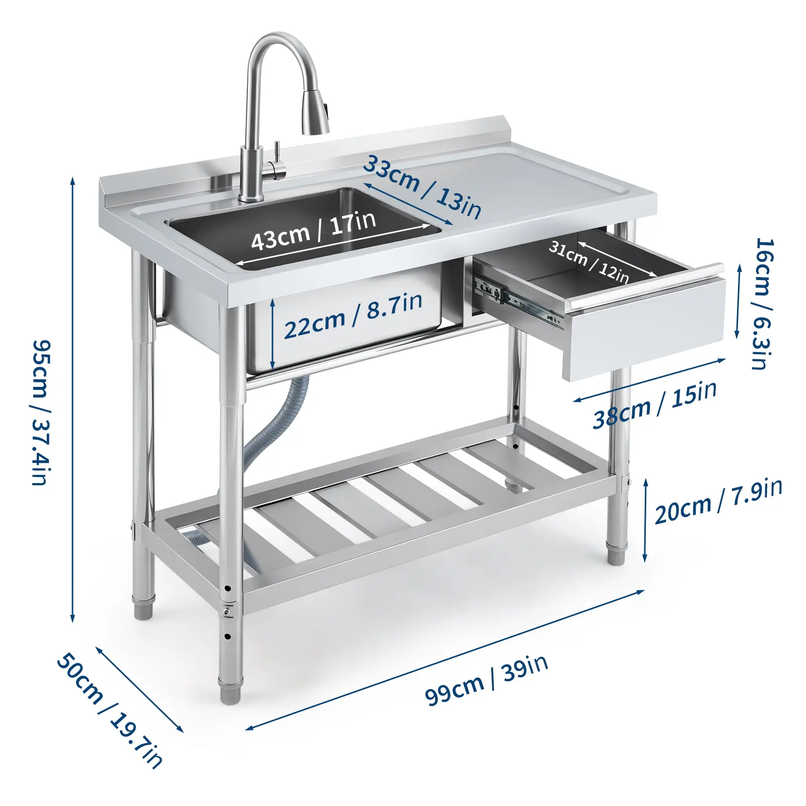 39" Freestanding Utility Sink with Workbench & Storage Drawer | Pull-Out Faucet + Hot/Cold Pipes | Garage, Basement & Workshop Ready