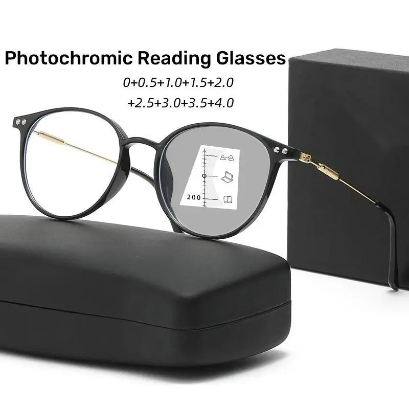 Women Luxury Photochromic Reading Glasses Men Retro Outdoor Discoloration Sunglasses Round Multifocal Far Sight Eyeglasses+4.0