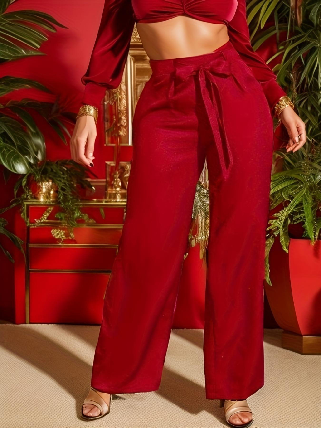 Women's Solid High Waist Belted Wide Leg Pants, Elegant Comfy Trousers for Spring & Fall, Ladies Bottoms for Daily Wear