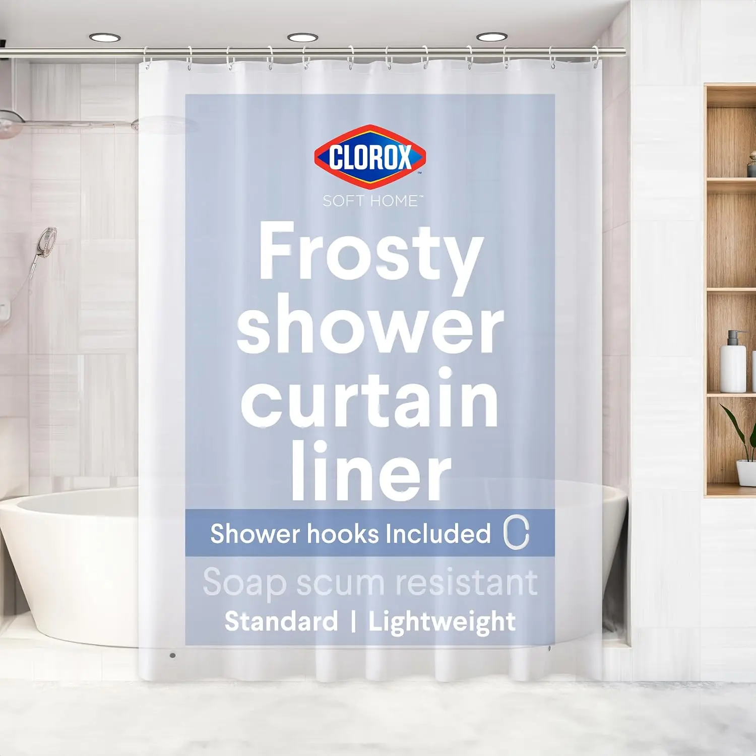 Modern PEVA Shower Curtain Liner with Hooks, Premium 4g Lightweight Flexible Waterproof Bathroom Accessory, 70x72 in Standard Size with Weighted Magnets, Frosty 1 Pack