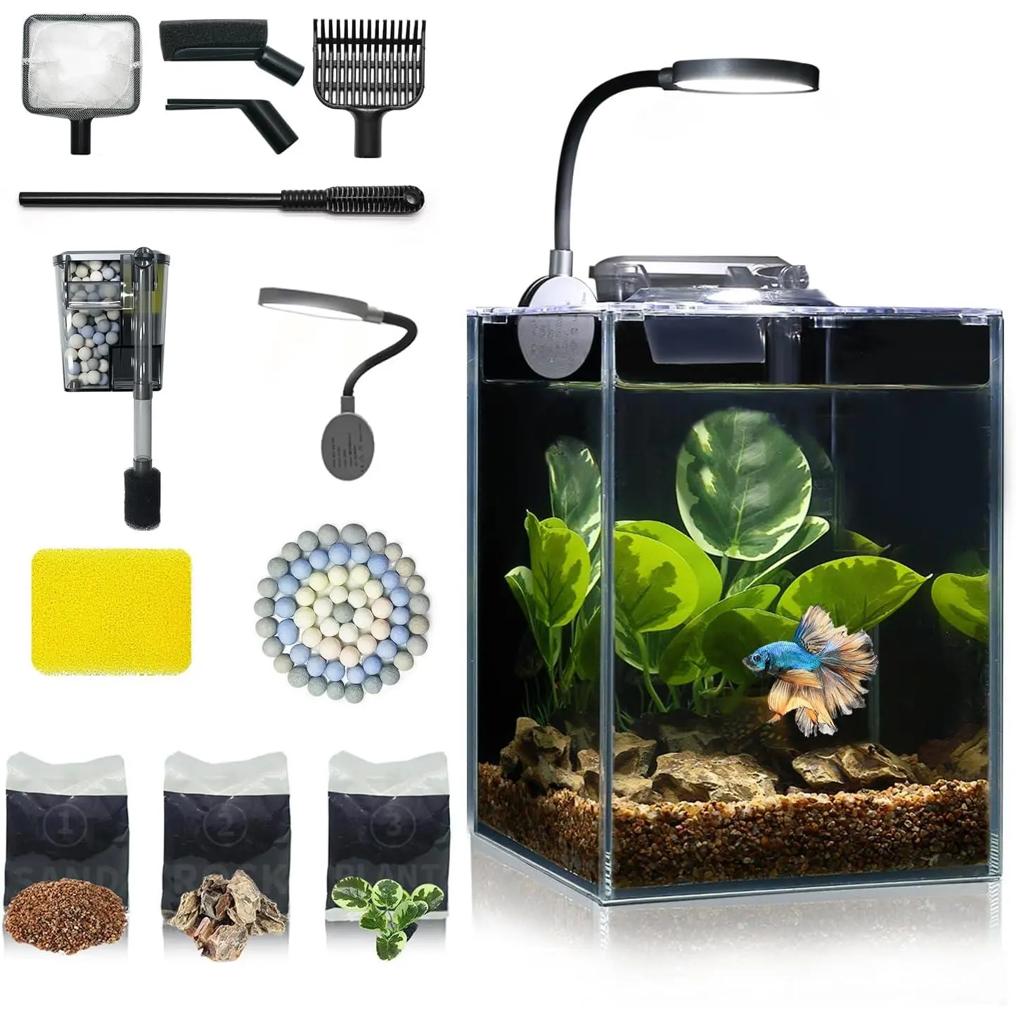 1.25 Gallon Desktop Glass Betta Fish Tank Kit, Small Aquarium with LED Light Filter and Cleaning Tools, Easy Setup Space-Saving Design Betta Shrimp