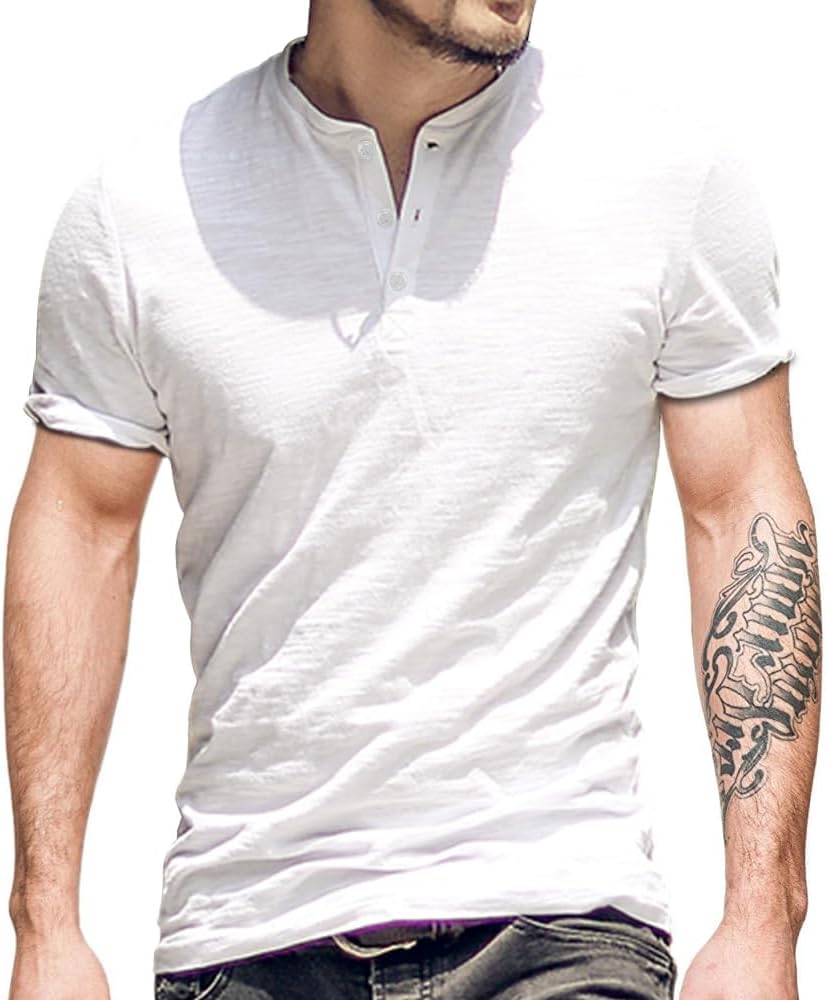 Mens Cotton Muscle Slim Fitted Sport Henley T-Shirt with Button