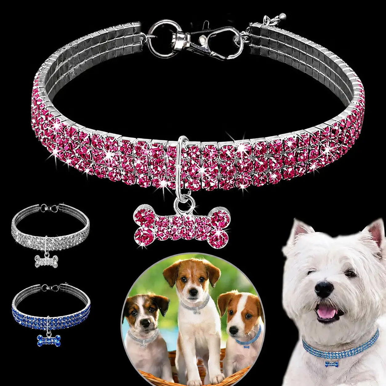 3-Row Crystal Dog Collar Necklace with Sparkly Rhinestone Decoration, Universal Pet Jewelry Accessory for Small Dogs & Cats