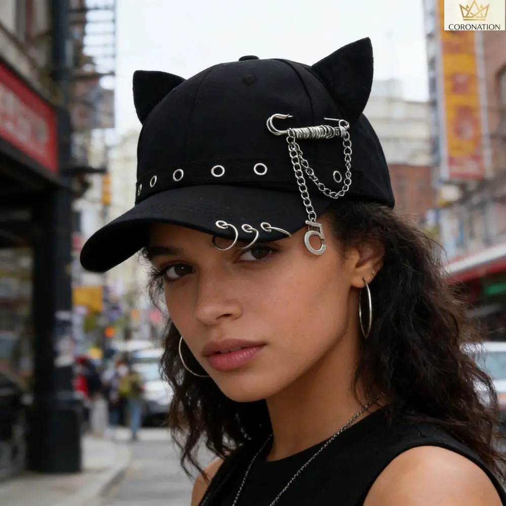 Women's Cat Ear Baseball Cap - Y2K Viral Streetwear Aesthetic Hat with Metal Ring Chain Detail, Adjustable Snapback for Grunge Alt Goth Harajuku Fashion, Festival, Daily Casual Outfits