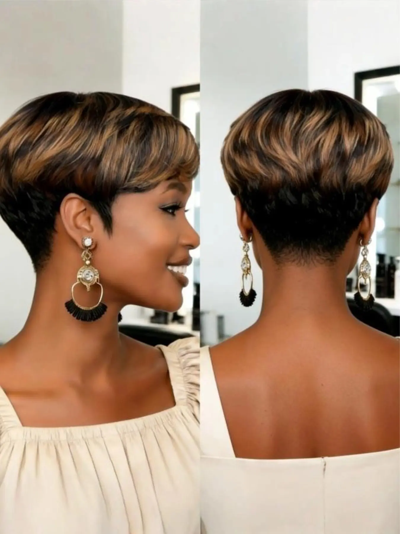 Short Pixie Cut Premium Human Hair Wig for Black Women 1B/30# Natural Black Layered Pixie with Bangs Glueless Wear & Go Convenient Wigs Brazilian Virgin Hair Soft Volume Lightweight Daily Hairstyle