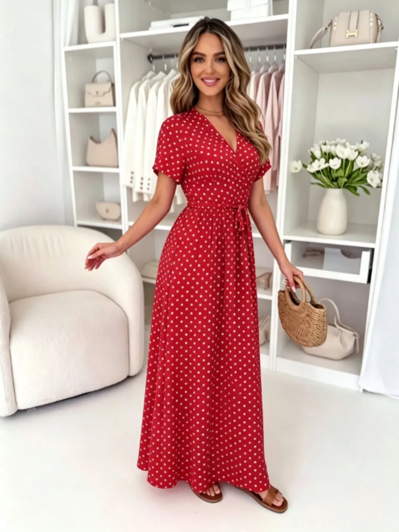 French Vintage Polka Dot V Neck Short Sleeve Dress, Casual Boho Style Beach Vacation Flowy Long Dress, Waist Cinch Tie Dress