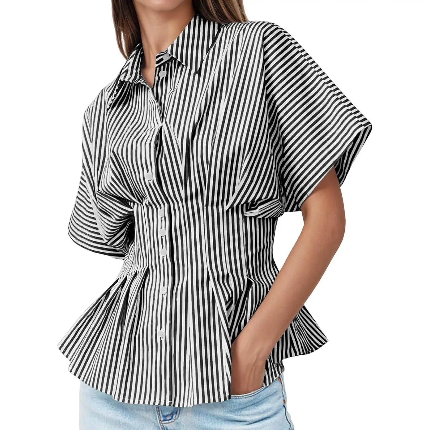 Womens Striped Peplum Button Down Shirts Short Sleeve Pleated Tops Summer Business Casual Blouses