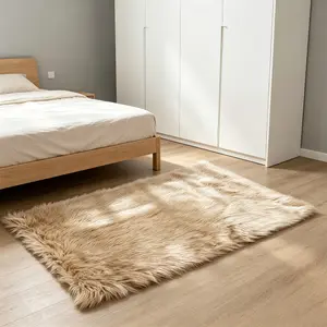 1pc Khaki Faux Fur Square Bedside Rug, 80% Acrylic 20% Polyester Soft Plush Carpet for Bedroom Living Room Bay Window Balcony, Easy-Clean Minimalist Floor Mat