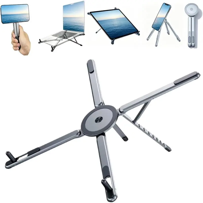 Foldable Aluminum Alloy Laptop Stand with Magnetic Phone & Tablet Holder, Adjustable Portable Riser for 10-16” Laptops & 4-13” Devices, Ideal for Home, Office Use, Multi-Device