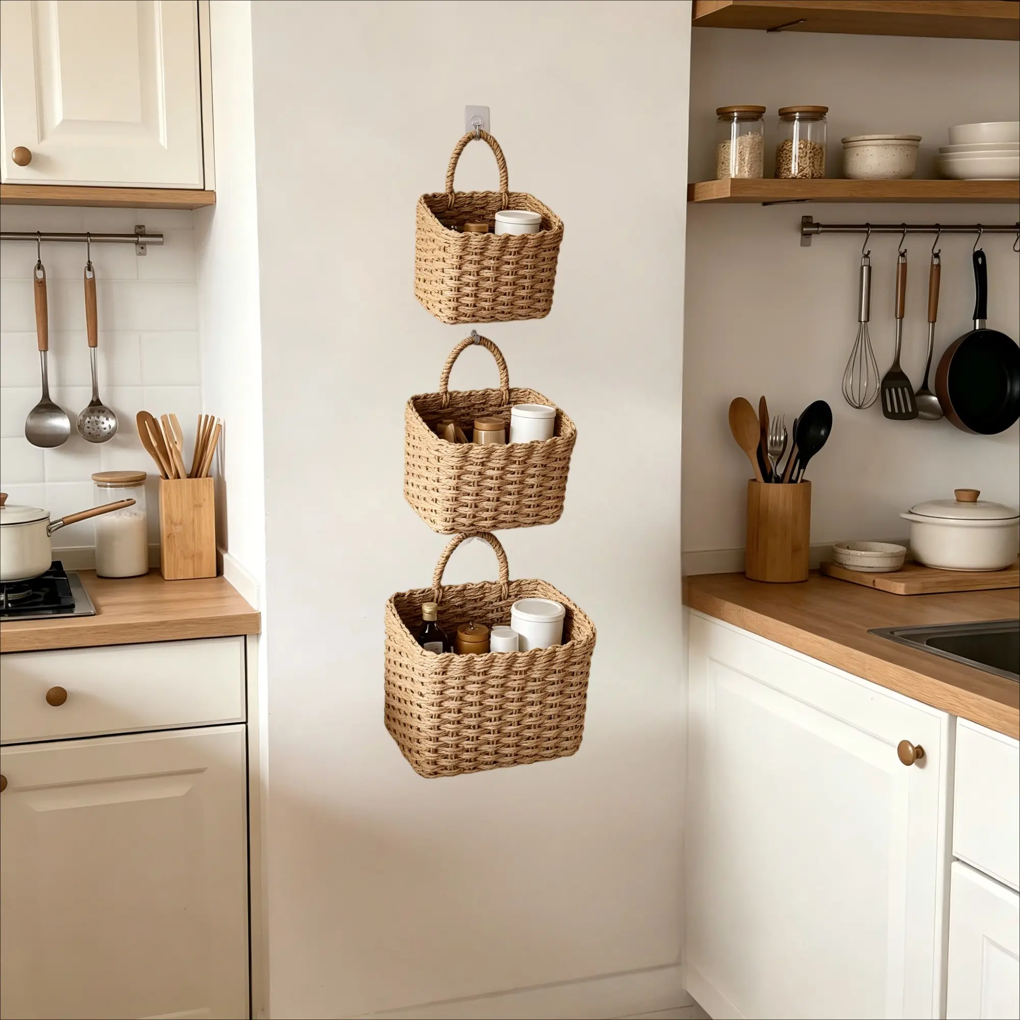 Three-Piece Handwoven Straw Wall-Mounted Storage Baskets, Multi-Size Hanging Organizers, Ideal for Kitchen, Bathroom, Nursery Toys, Rustic Home Decor
