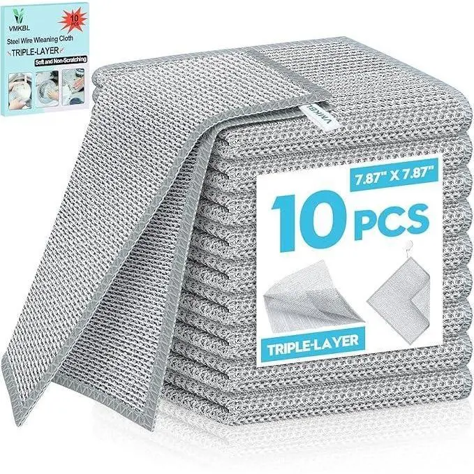 10 Pcs New Upgraded 3 Layers Non Scratch Wire Dishcloth, Multipurpose Wire Dishwashing Rags, Wet & Dry for Cookware, Sinks,Gift