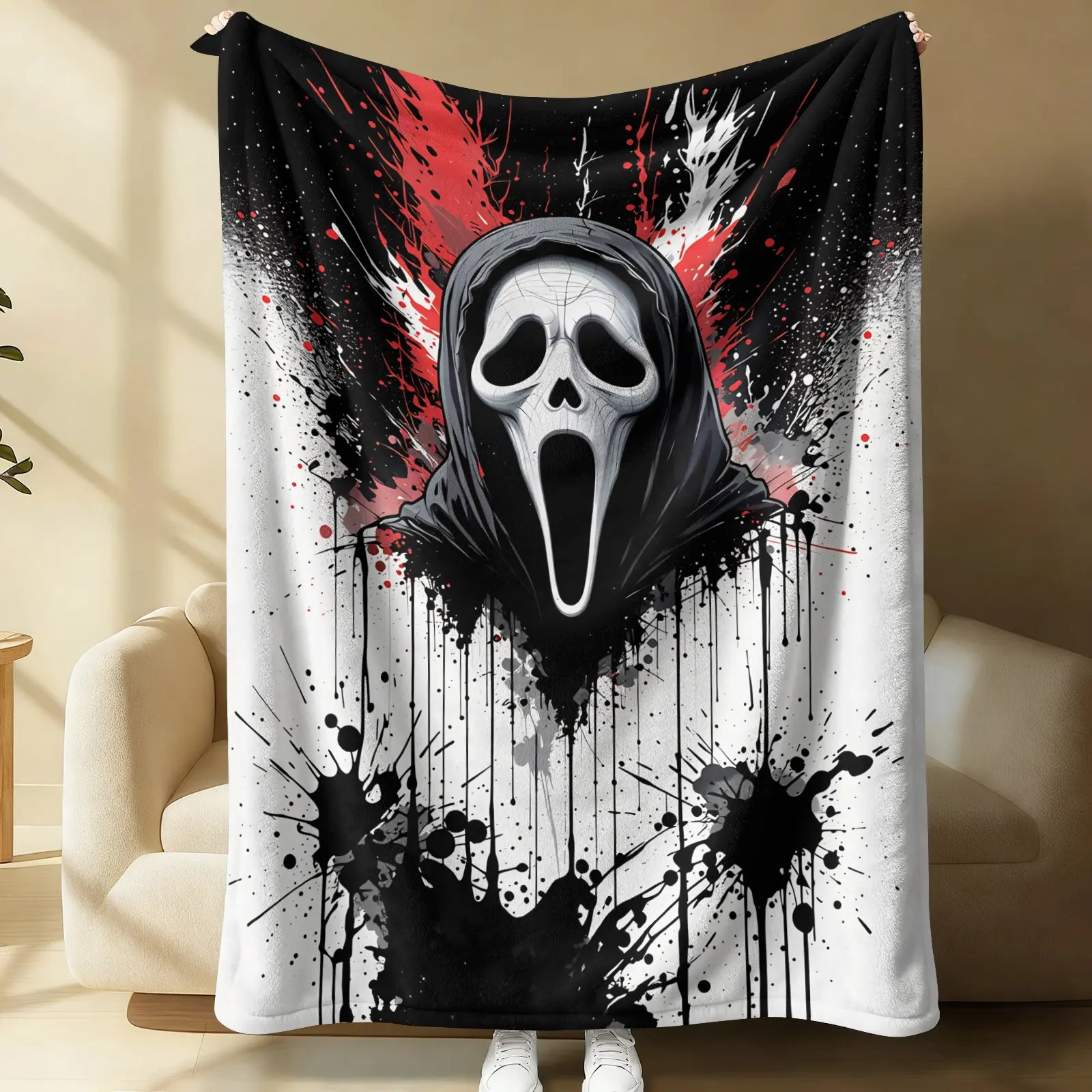 Scream Ghostface Red Black Splash Paint Horror Flannel Blanket, Flannel Printed Blanket, Cozy Throw Blankets Soft Fleece for Home, Travel & Outdoor, Cozy for Couch Bed Sofa, Halloween Gift For Horror Movie Fans