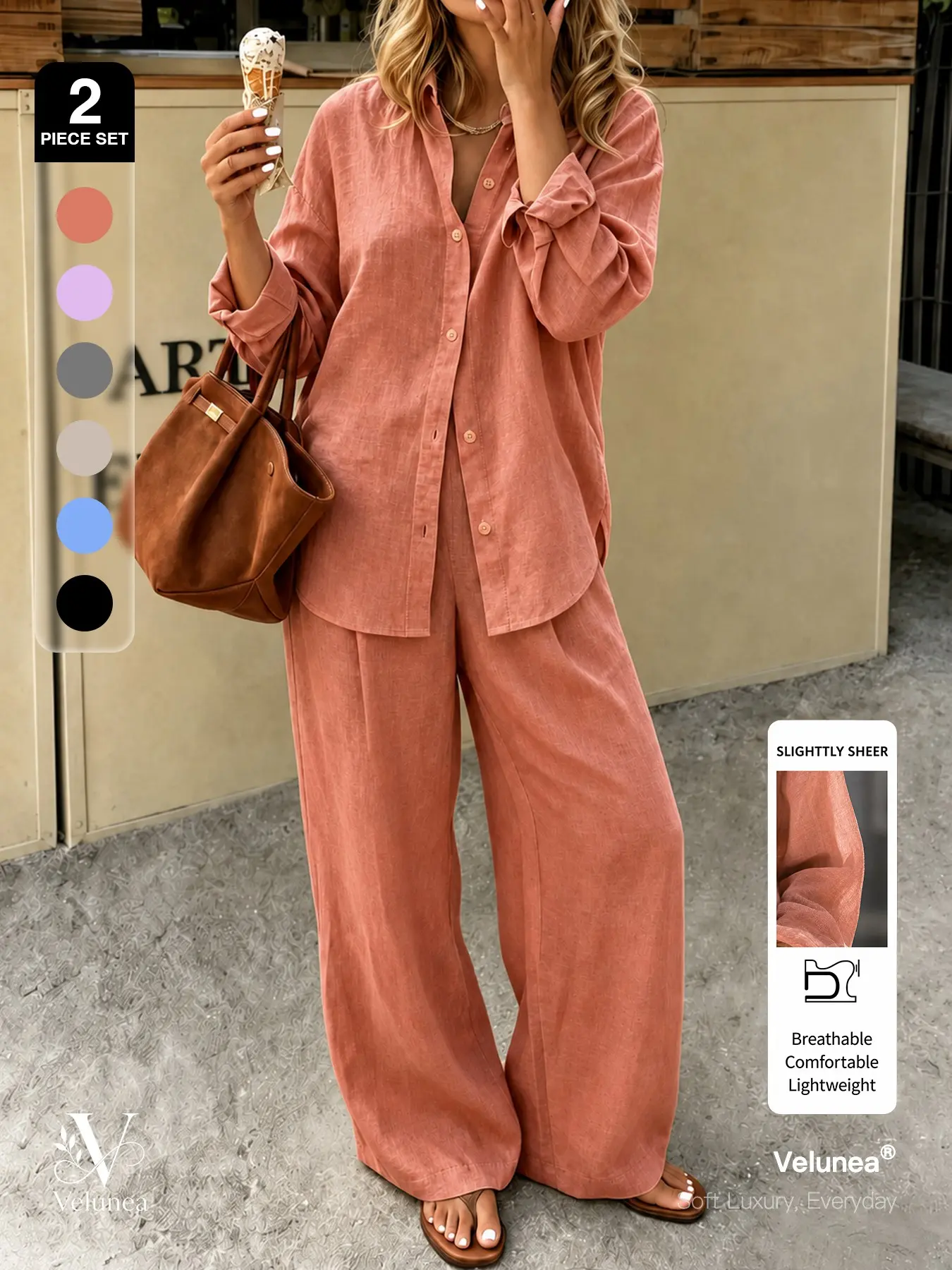 | 2-Piece Set | Velunea Women’s Lightweight Shirt and Wide Leg Pants Set, Relaxed Button Down Top with Flowing Trousers for Elegant Casual, Vacation Travel and Everyday Chic Looks