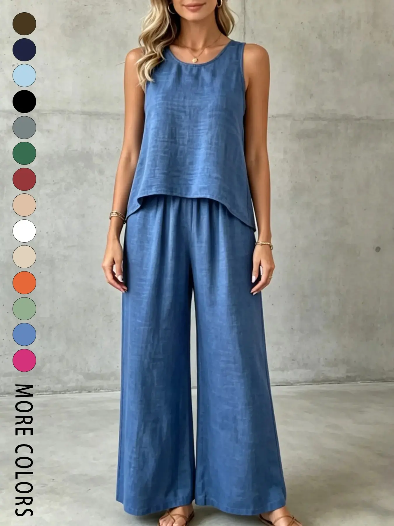 Women's French Style Solid Color Sleeveless Vests & Wide-Leg Pants Set, Fashion Summer Wear, Suitable for Beach, Vacation, Home and Everyday Wear, Womenswear, Fit, Top