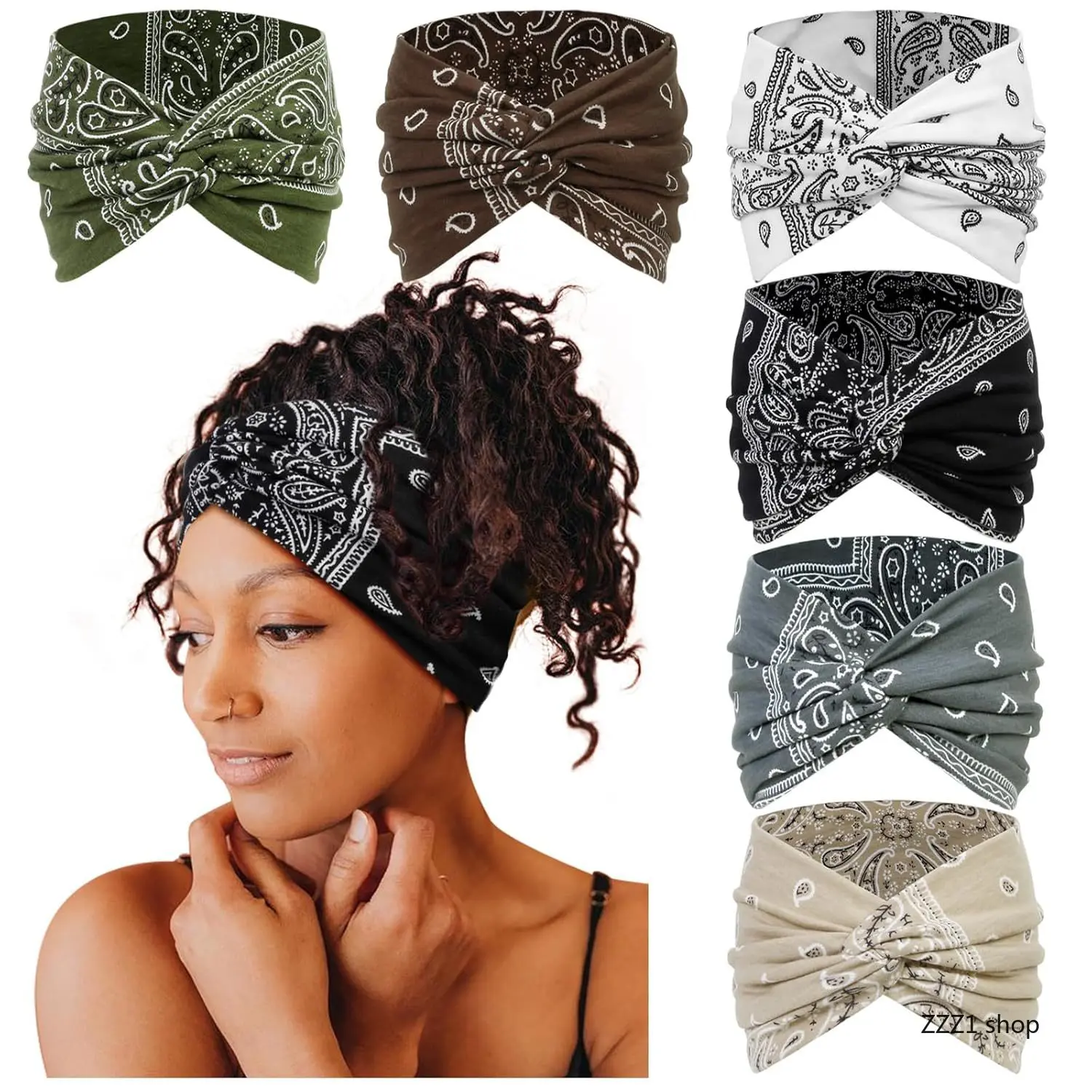 Bohemian Workout Headbands for Women, 6-Pack Wide Non-Slip Turban Hair Bands for Yoga and Running, Female, One Size