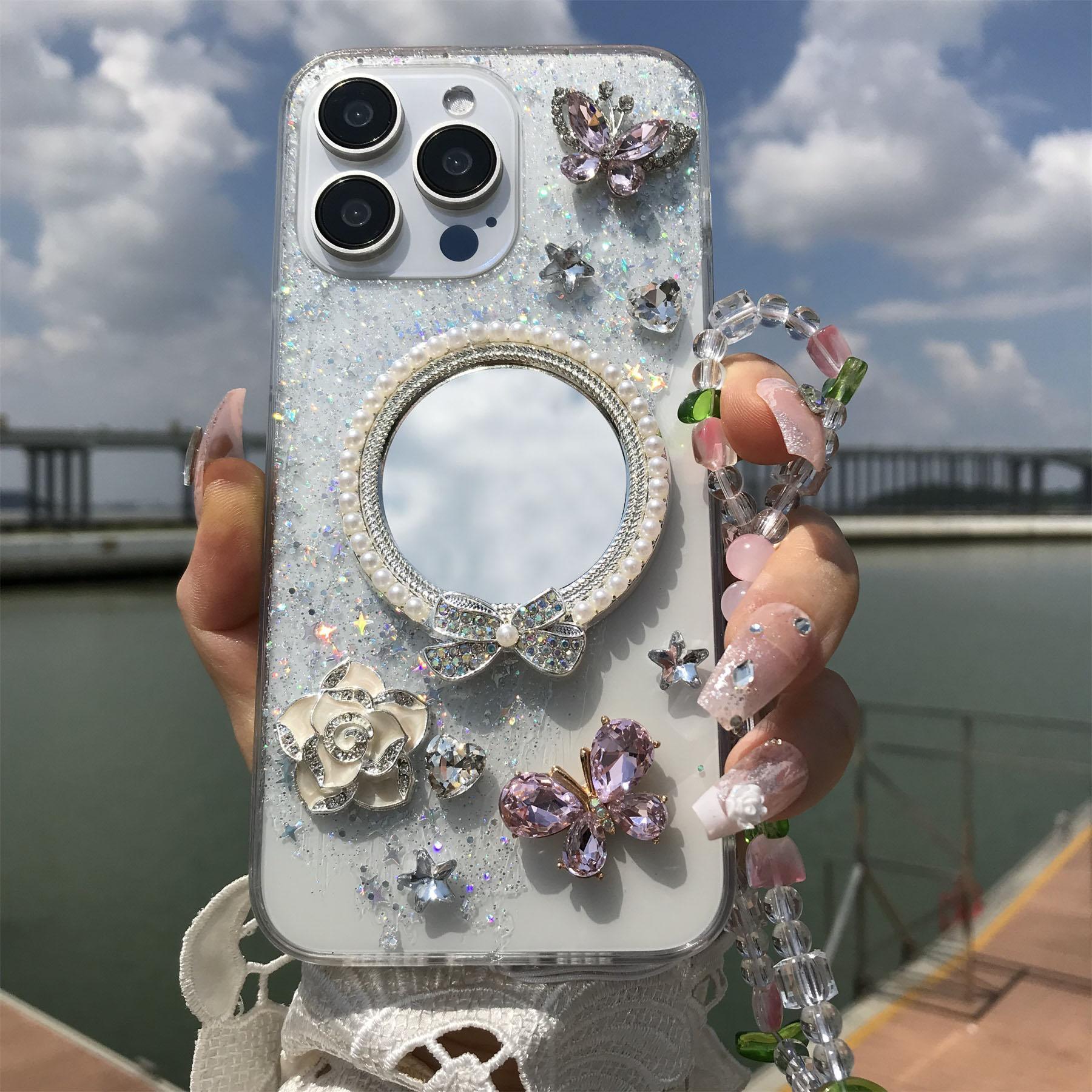 Rhinestone Decor Phone Case, Mirror Flower Butterfly Decor Phone Protective Cover with Lanyard, Phone Accessories Compatible with iPhone 16 15 14 13 12, Decorative Smartphone Protector