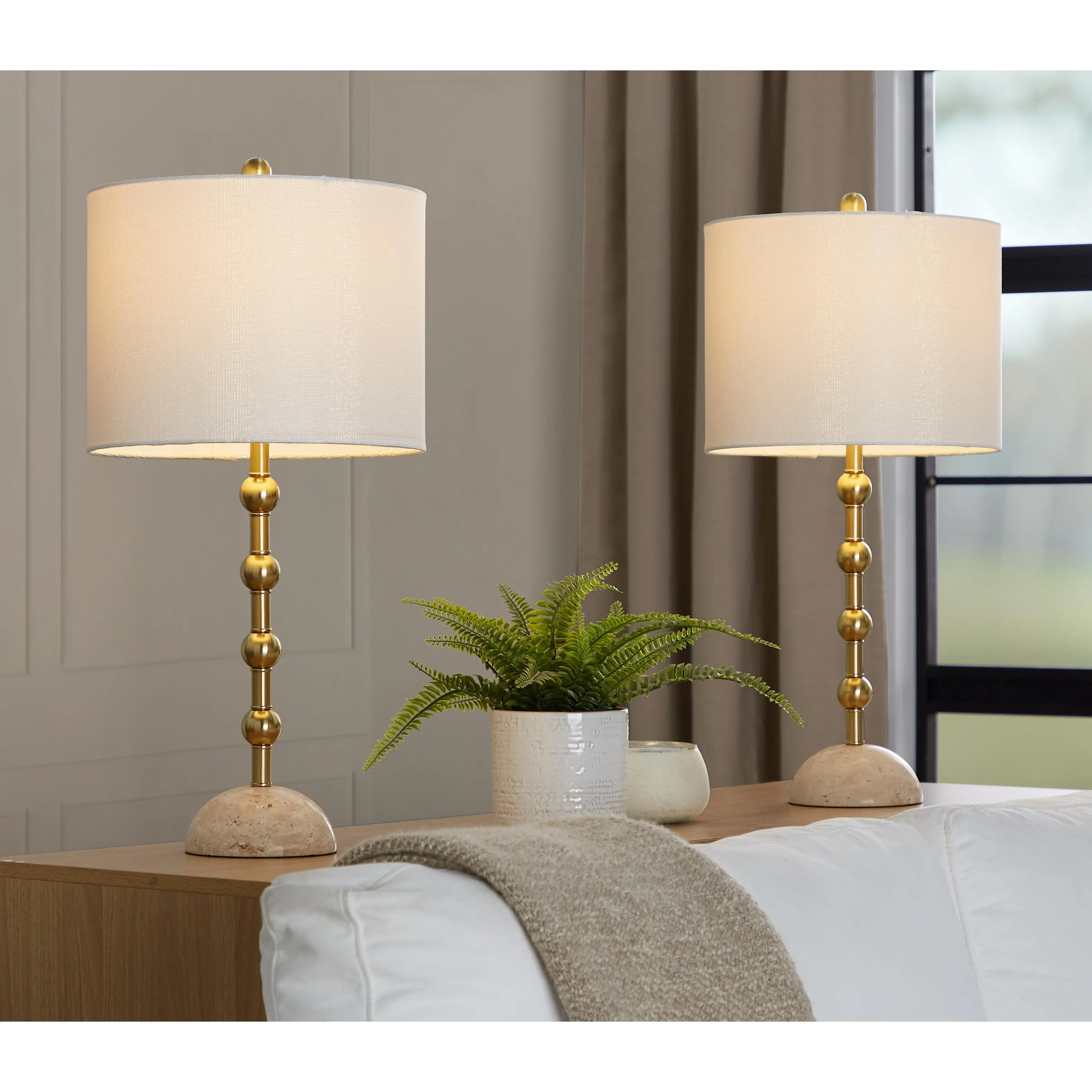 ARCH Set of 2 Travertine Table Lamps with Gold Metal Accents and Off-White Shimmer Fabric Shades, Modern Living Room Bedroom Nightstand End Table Decor, Accent Lighting for Sofa Side, Office, Apartment and Home, Living Room Table for Sofa Side
