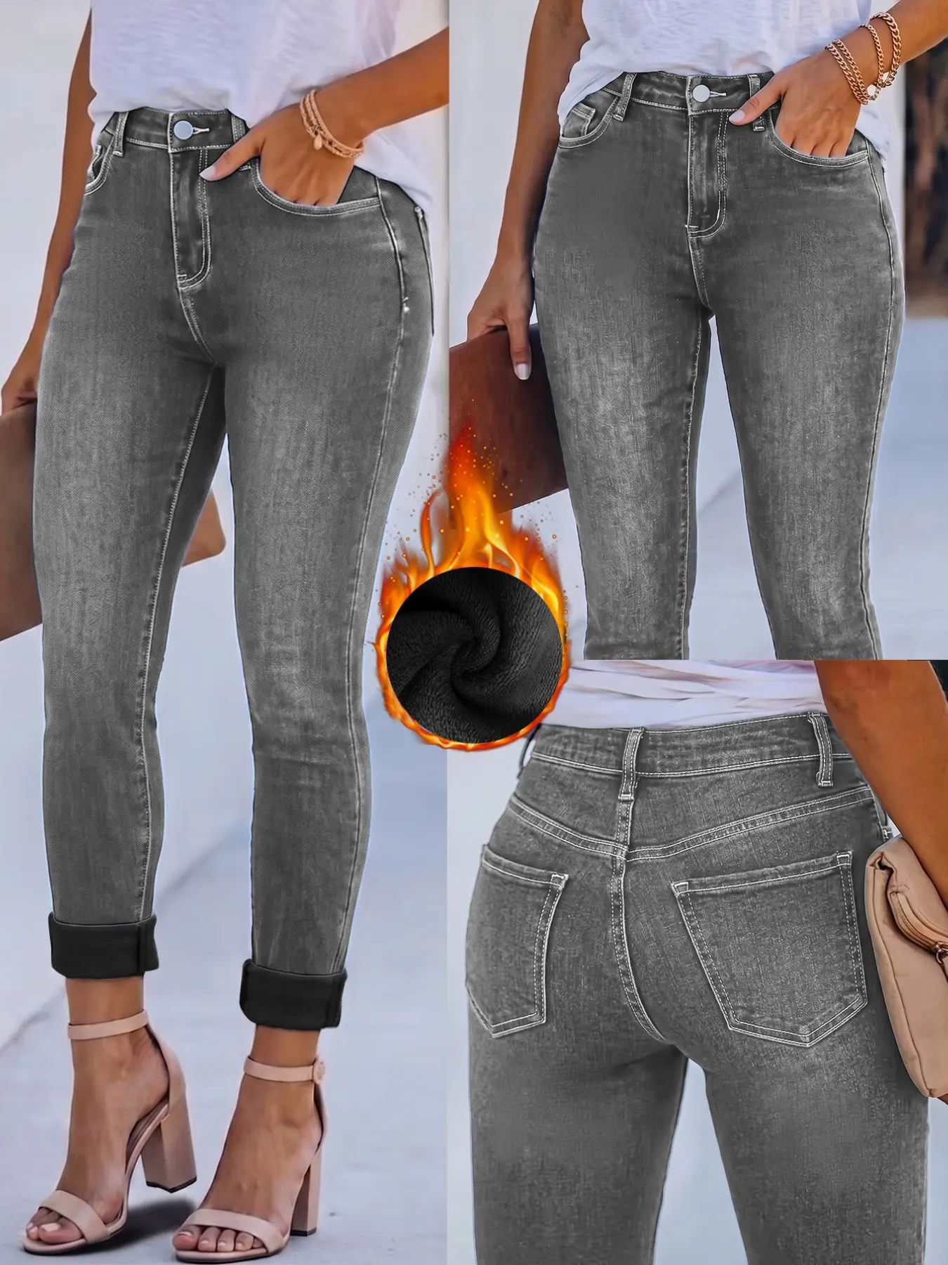 Women's Fleece Lined High Waisted Jeans, Stretchy Five Pocket Design, Slim Fit for Daily Office & Outdoor Wear, Fall Winter Fashion