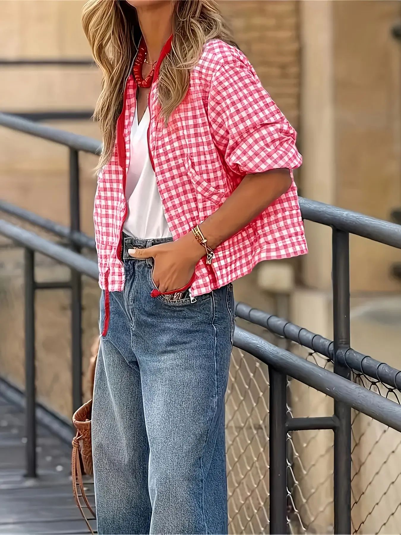 Women's Vintage Casual Plaid Short Cropped Zipper Jacket, Stand Collar Three-Quarter Sleeve Drawstring Hem Loose Lightweight Check Coat