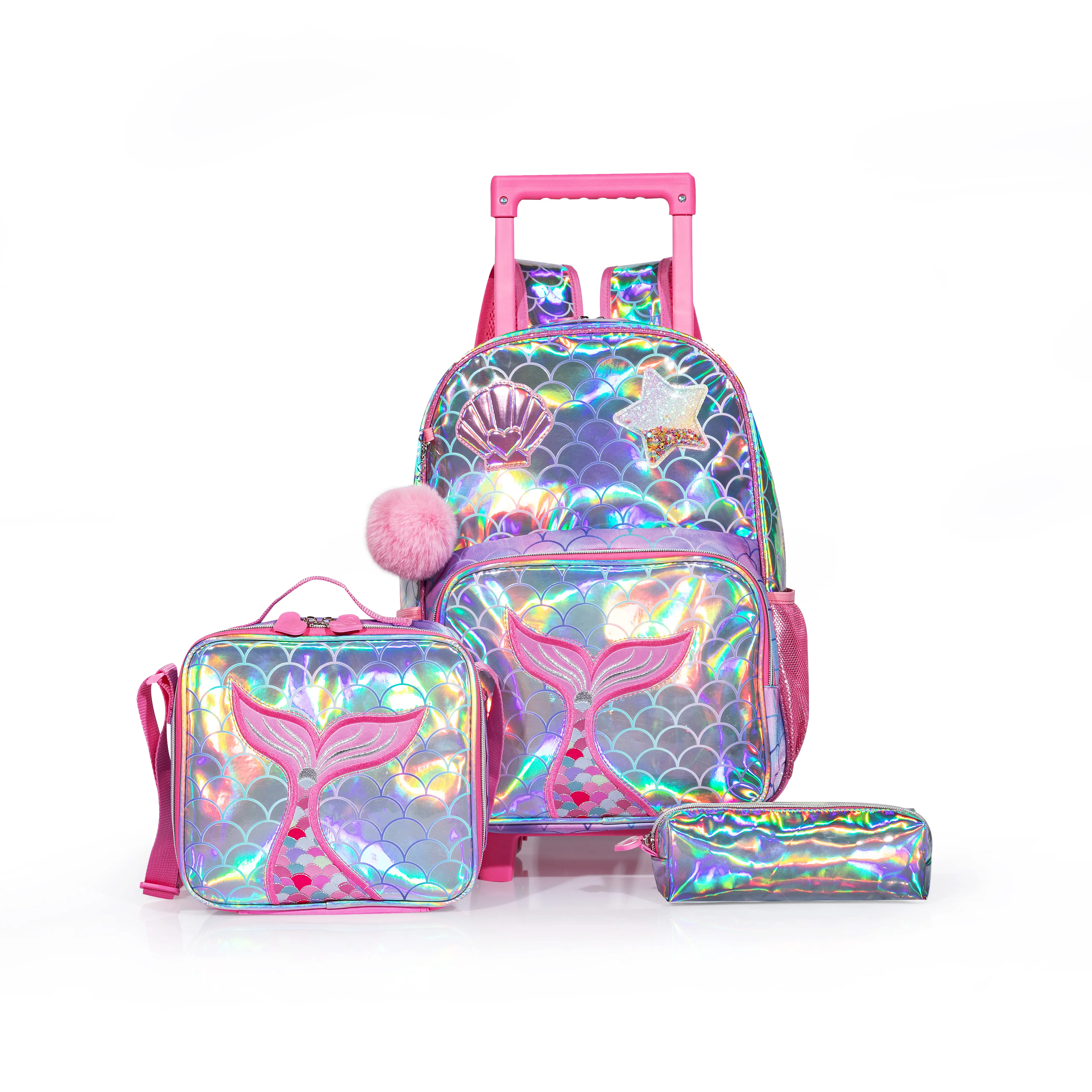 3-Piece Girls Holographic Mermaid Tail Rolling Backpack Set | Cute Fish Scale Seashell Shinny Schoolbag with Pink Pom Pom, Insulated Lunch Bag & Pencil Case | Magical Wheeled Trolley Bookbag for Primary School