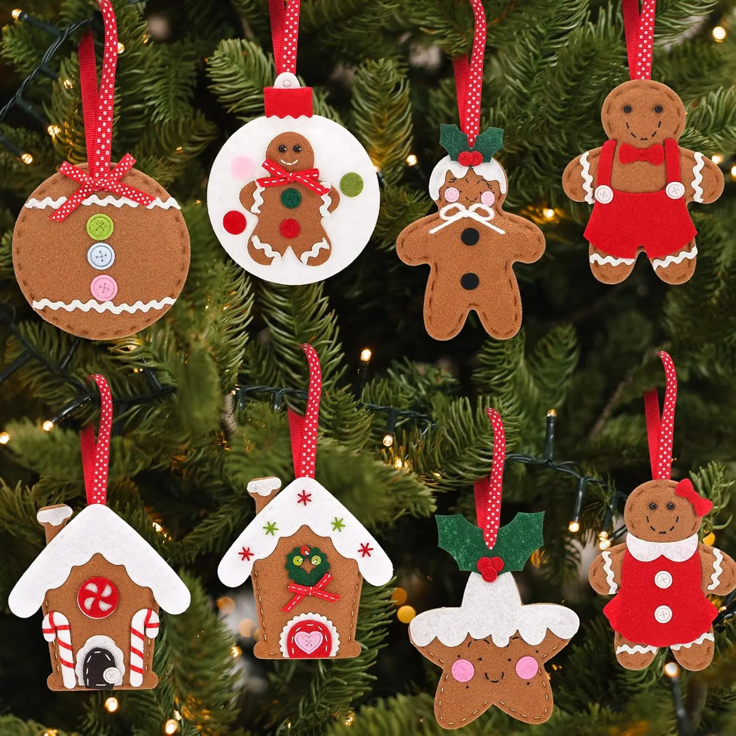 8 count Large  Felt Gingerbread Ornaments for Christmas Tree Set Christmas Felt Tree Decorations Candy Cane for Xmas Holiday Indoor House Decorations