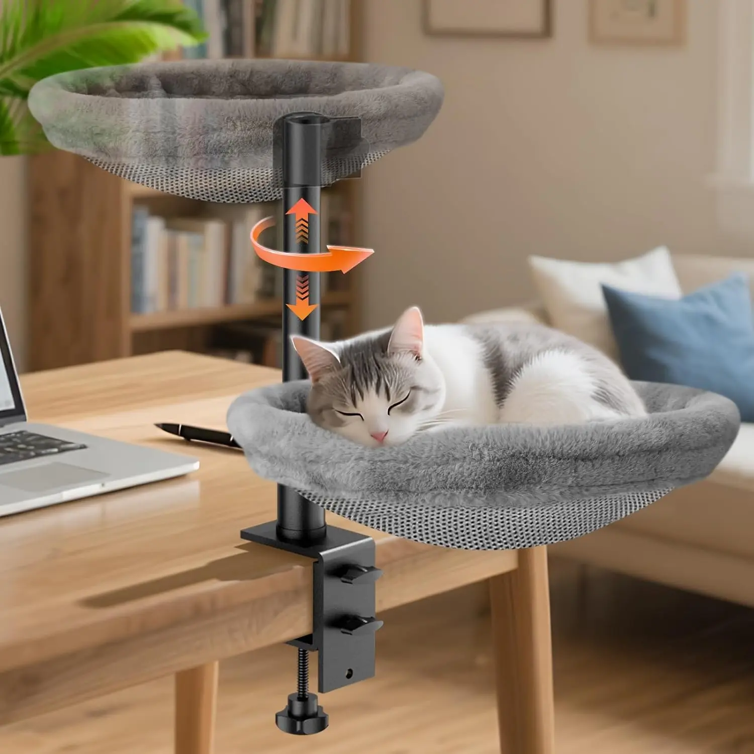 Grey Modern Cat Desk Bed - 360° Rotating Adjustable Shelf Hammock, Removable Soft Fabric Pet Nest, Relaxing Spot Attachment for Home Office Game Tables