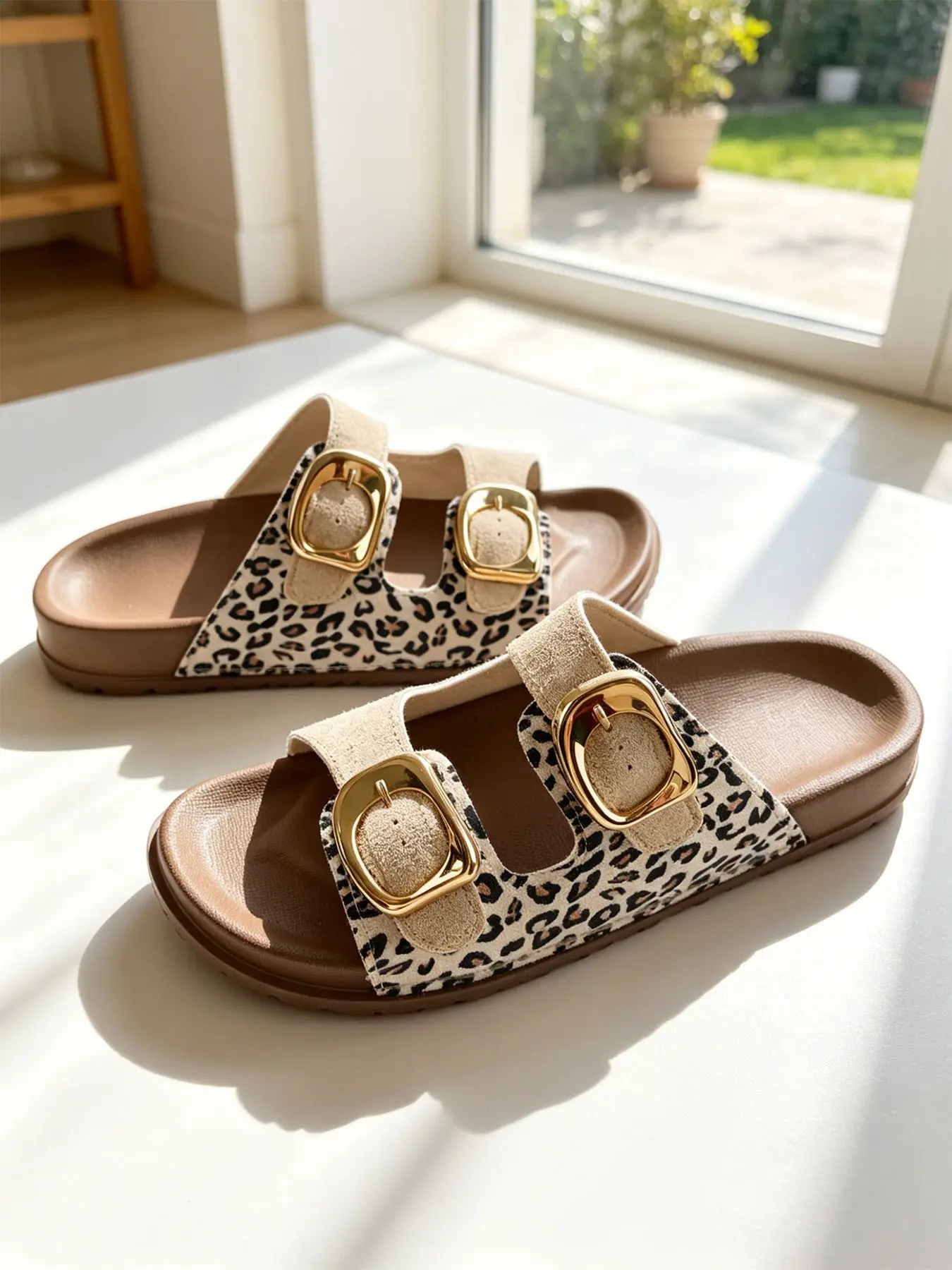 Leopard Print Dual Strap Slippers, Square Buckle Adjustable Thick Sole, 3 Colors Summer Streetwear Casual Women's Sandals, Affordable Slippers