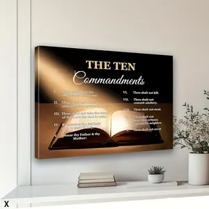 2D flat framed artwork, Ten Commandments wall decoration, vintage Bible Ten Commandments painting wall decor, framed canvas print of God's Bible verses, modern Christian painting art, suitable for churches, living rooms, bedrooms, offices, 2D flat