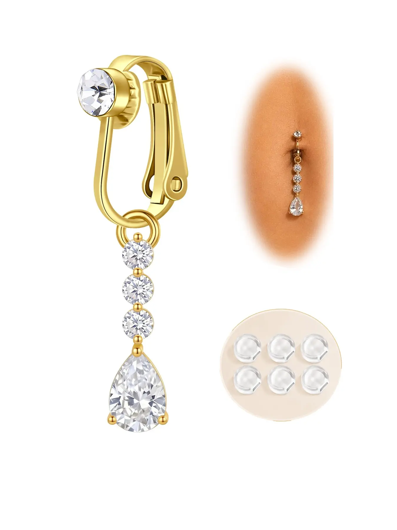 Fake Belly Button Ring Non Piercing, Clip on Navel Rings for Women, Waterdrop Dangle Cz False Belly Jewelry with Comfort Pads, Body Jewelry Accessory
