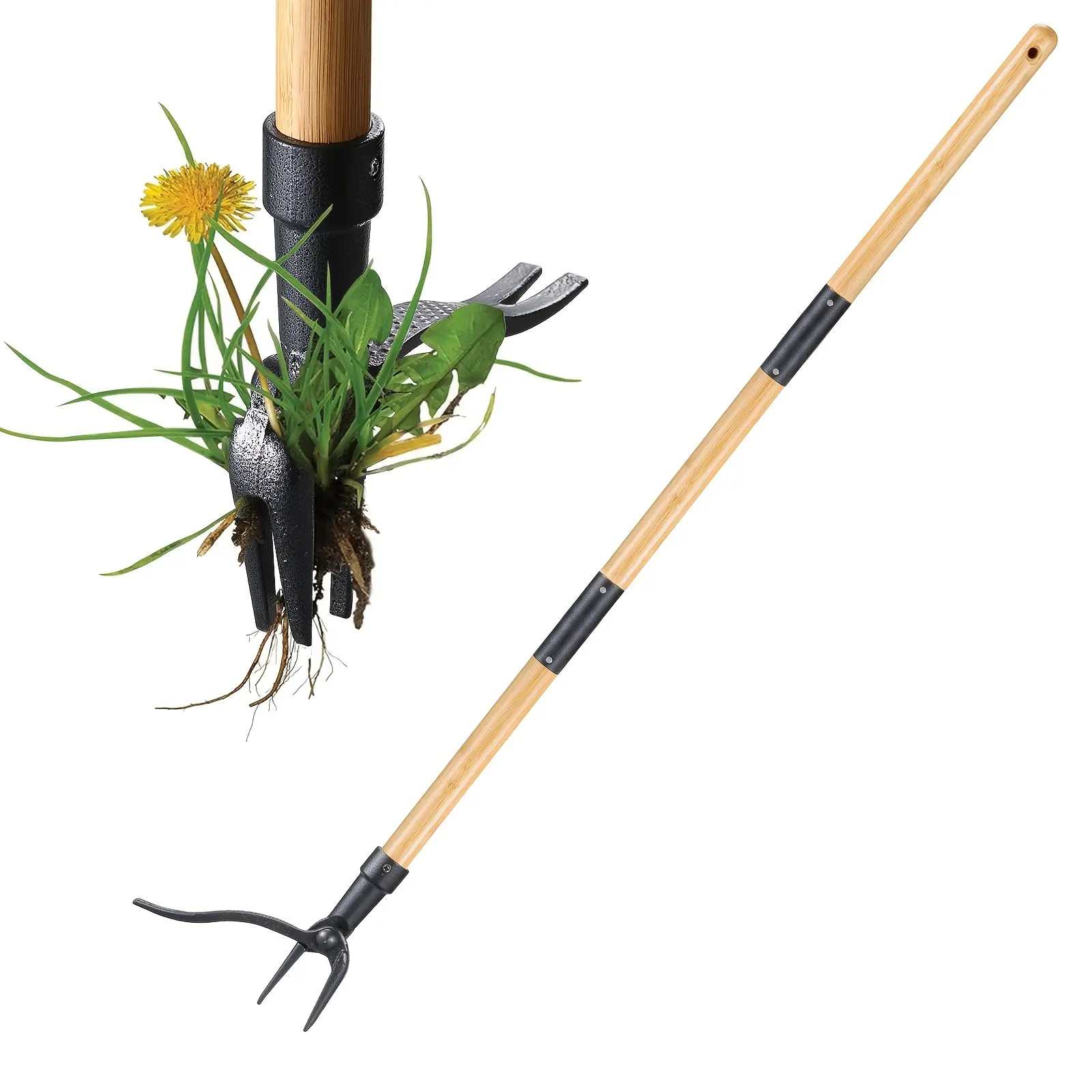 Long Handle Weed Puller Tool, 3-Piece Garden Hand Weeder with Bamboo Handle, Stand-Up Weed Remover for Lawn, Yard & Patio