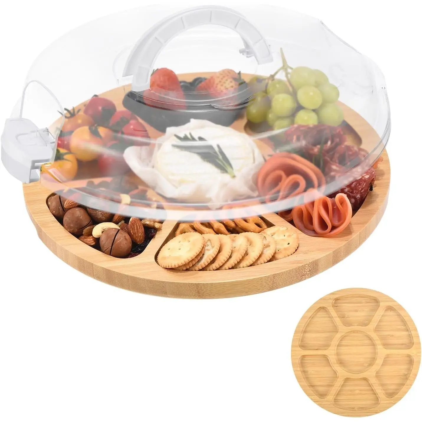 Round Charcuterie Board with Lid and Handle - Portable Cheese Board for Travel,Bamboo Cutting Board for Kitchen,Gifts for House Warming, Bridal Shower (7 Compartment, White)