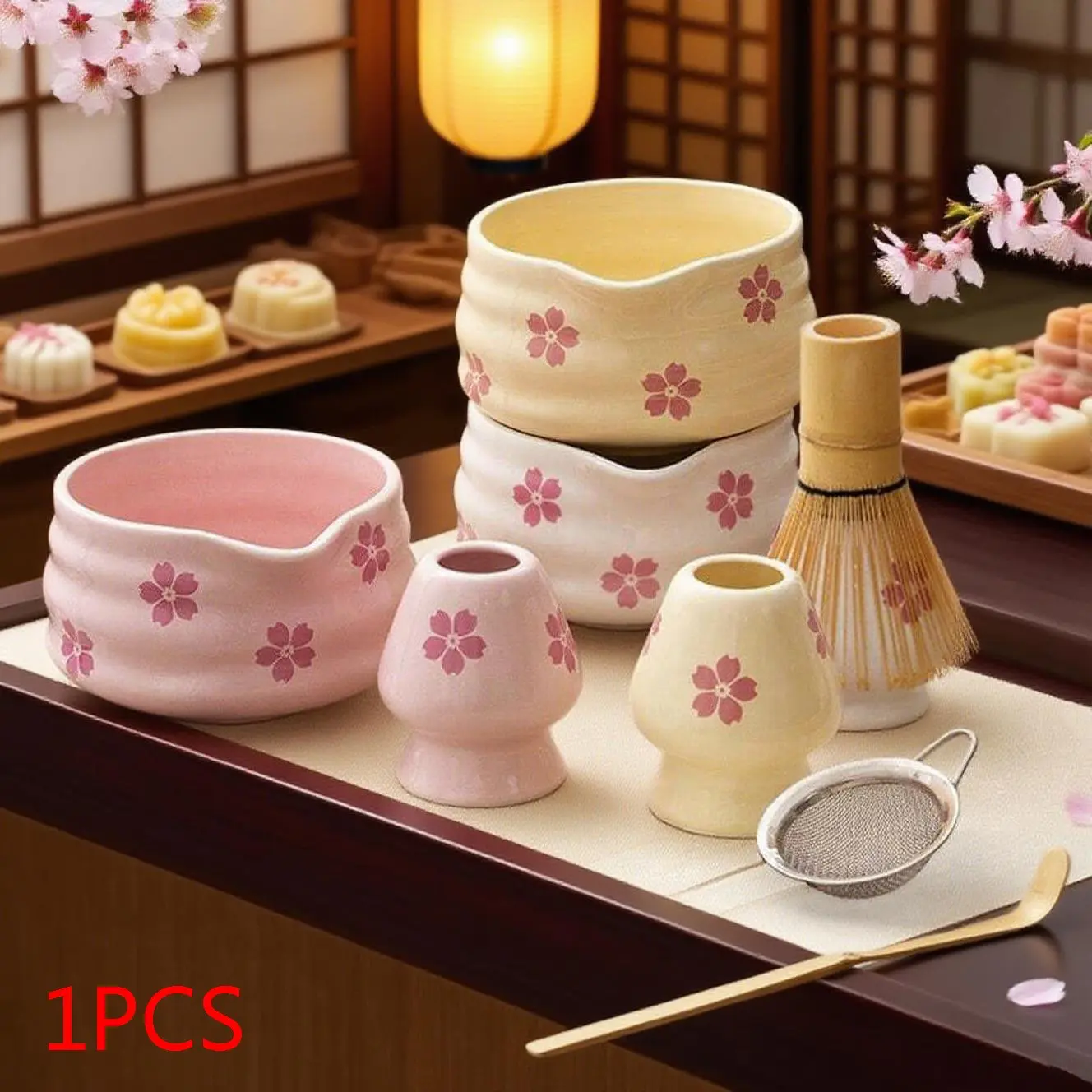 5-Piece Japanese Matcha Bowl Set with Spout, Includes Whisk, Stand, Bamboo Scoop, Stainless Steel Sieve, Perfect Gift for Tea Lovers