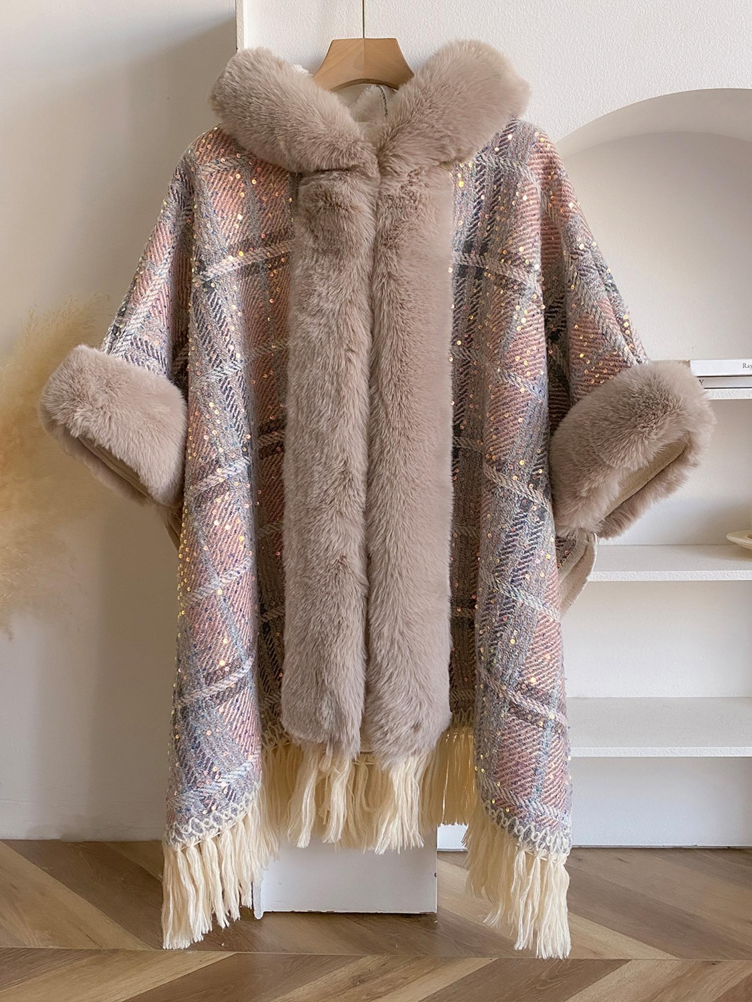 Women's Tartan Print Fur Trim Shawl Collar Cape Coat, Casual Fringe Trim Long Sleeve Open Front Outerwear for Fall & Winter, Women's Clothing for Daily Wear, Lady