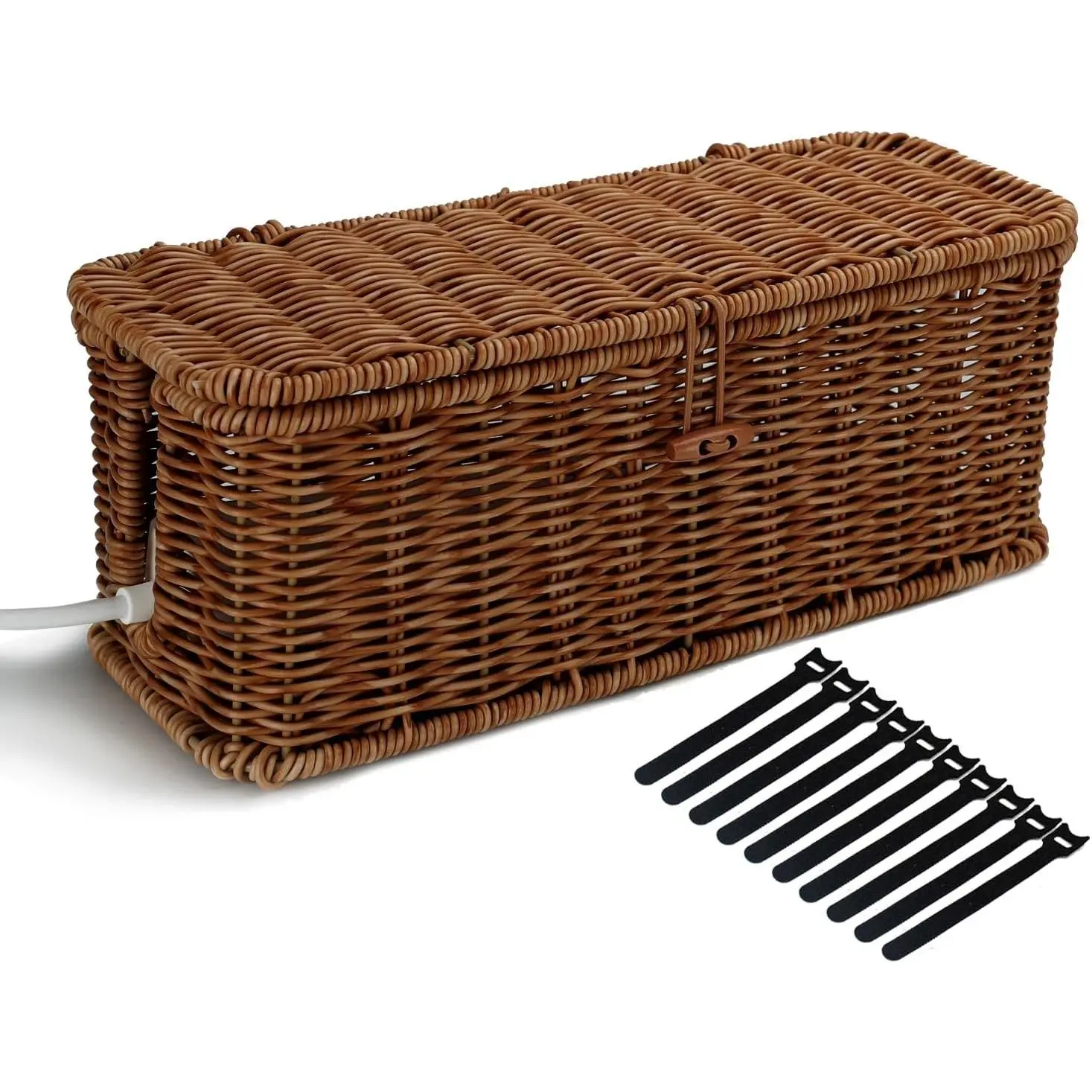 Cable Management Box with Lid, Handwoven Rattan Cord Hider and Power Strip Cover, Decorative Wicker Basket for Desk and Floor Wire Organization (Dark Brown)
