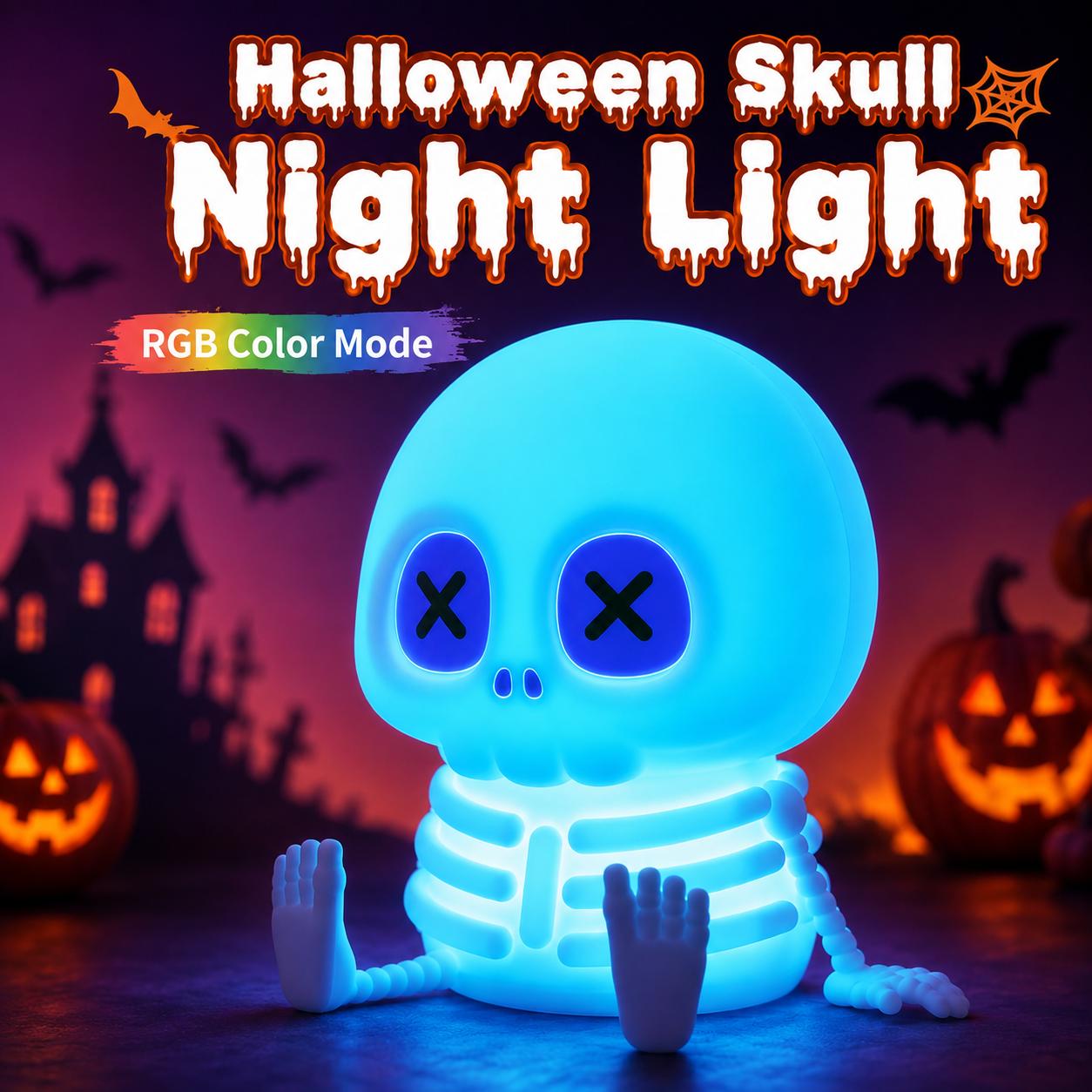 Skull Shape Halloween Silicone Night Light - Type-C Rech, Adjustable Warm Light, Touch Control LED Bedside Lamp, Indoor Use Kids' Rooms Decor, Festive Gift - MM2