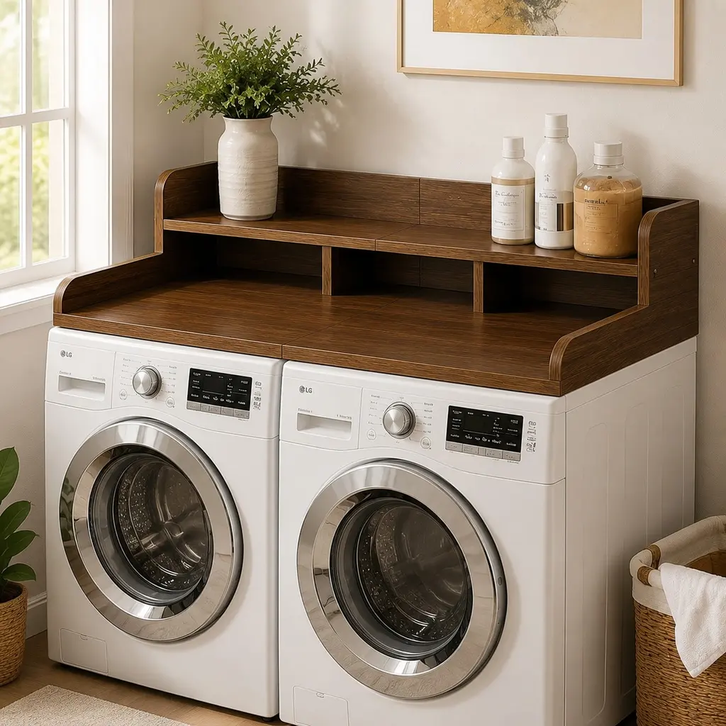 58" W x 28" D x 12" H Washer and Dryer Countertop, Durable MDF White Laundry Shelf Topper with Non-Slip Pads, Double-Layer Organizer with Edge, Waterproof Storage & Folding Table