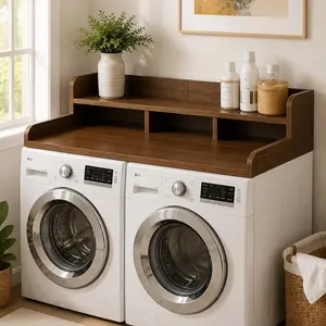 58" W x 28" D x 12" H Washer and Dryer Countertop, Durable MDF White Laundry Shelf Topper with Non-Slip Pads, Double-Layer Organizer with Edge, Waterproof Storage & Folding Table