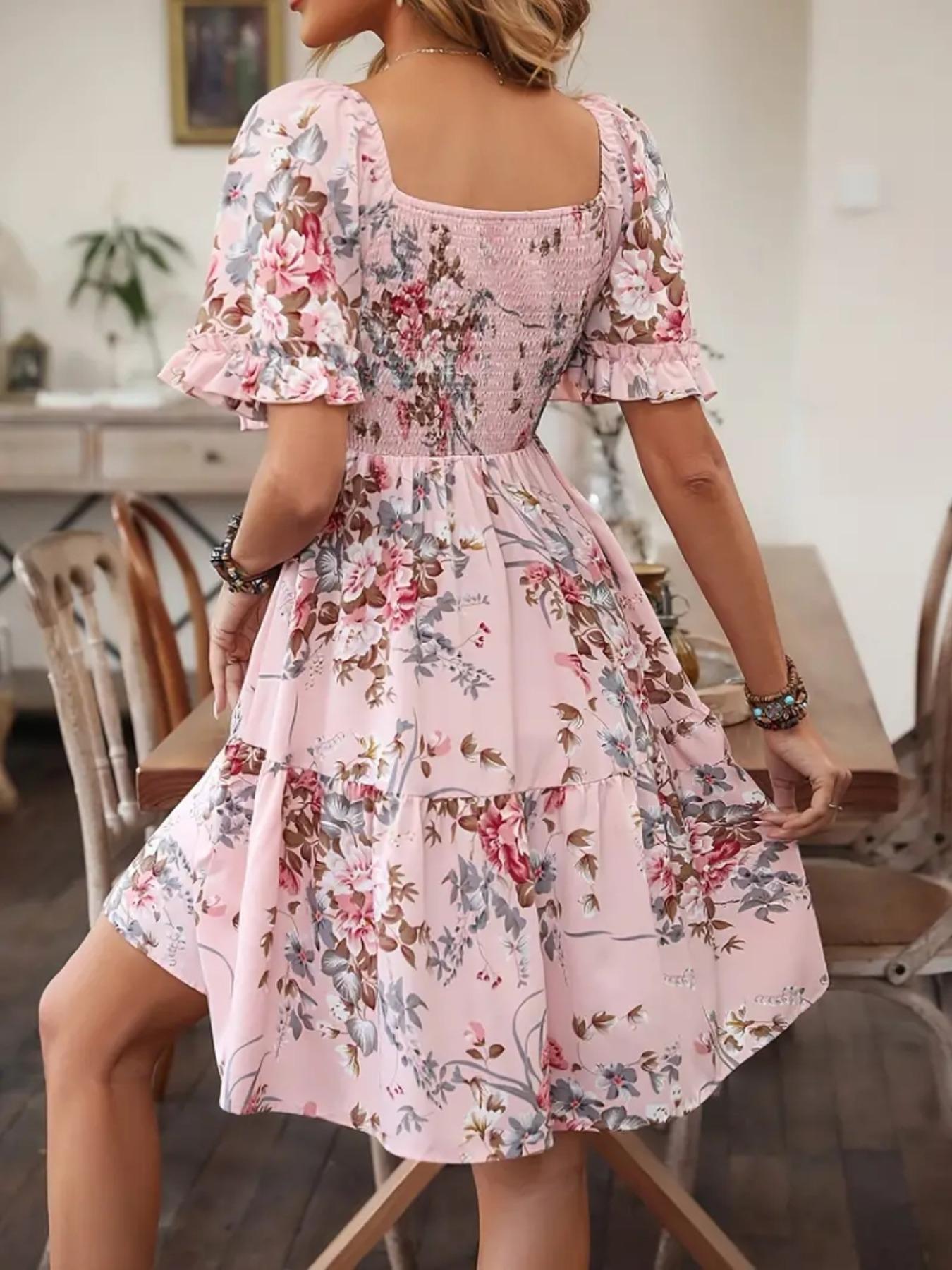 Women's Floral Print Ruffle Hem Shirred Slim A Line Dress, Casual  Boho Romantic Flounce Sleeve Square Neck Short Dress for Beach Vacation, Ladies Summer Clothes