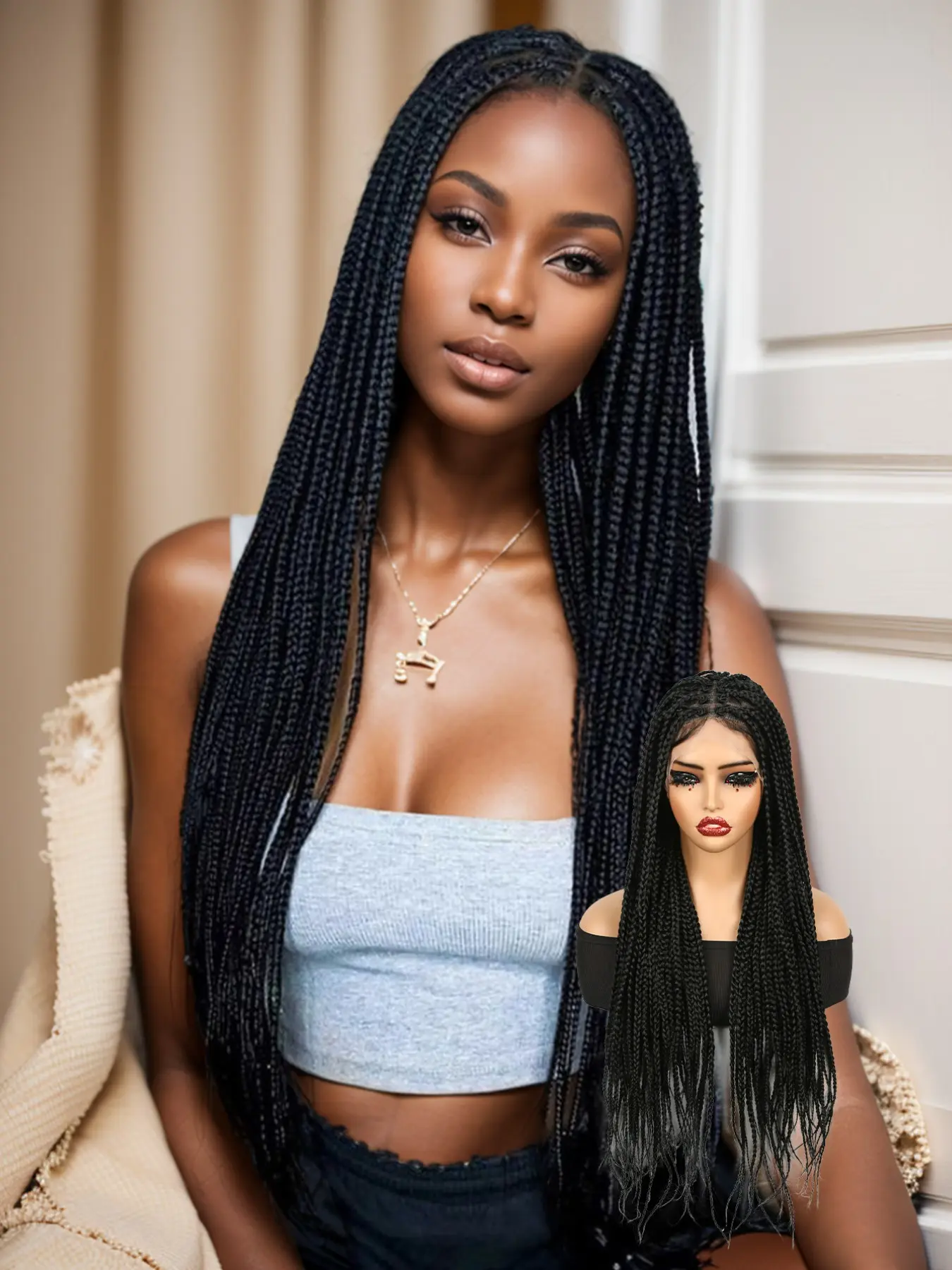 Black 28-inch knotless braided full-lace wig featuring baby hairs and a box-braid style; made with HD invisible lace and high-quality synthetic fibers. Suitable for daily wear as well as occasions such as festivals, parties, and cosplay.