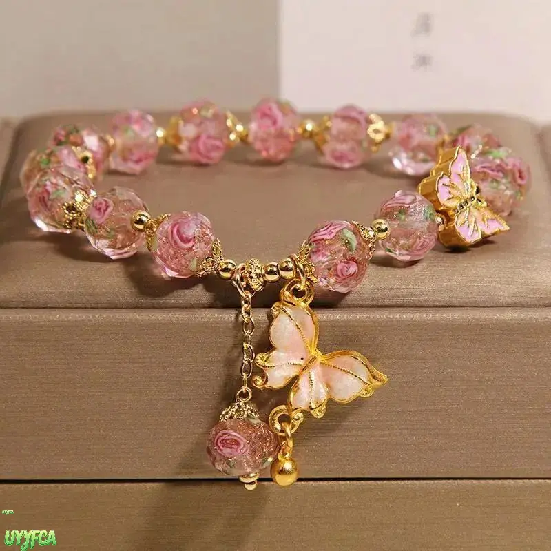 Vintage Beaded Bracelet for Women with Butterfly Motif, Floral Murano Glass with Faceted Beads, Adjustable Stackable Jewelry for a Romantic Look and Party Gifts, All Seasons, Romantic Gifts