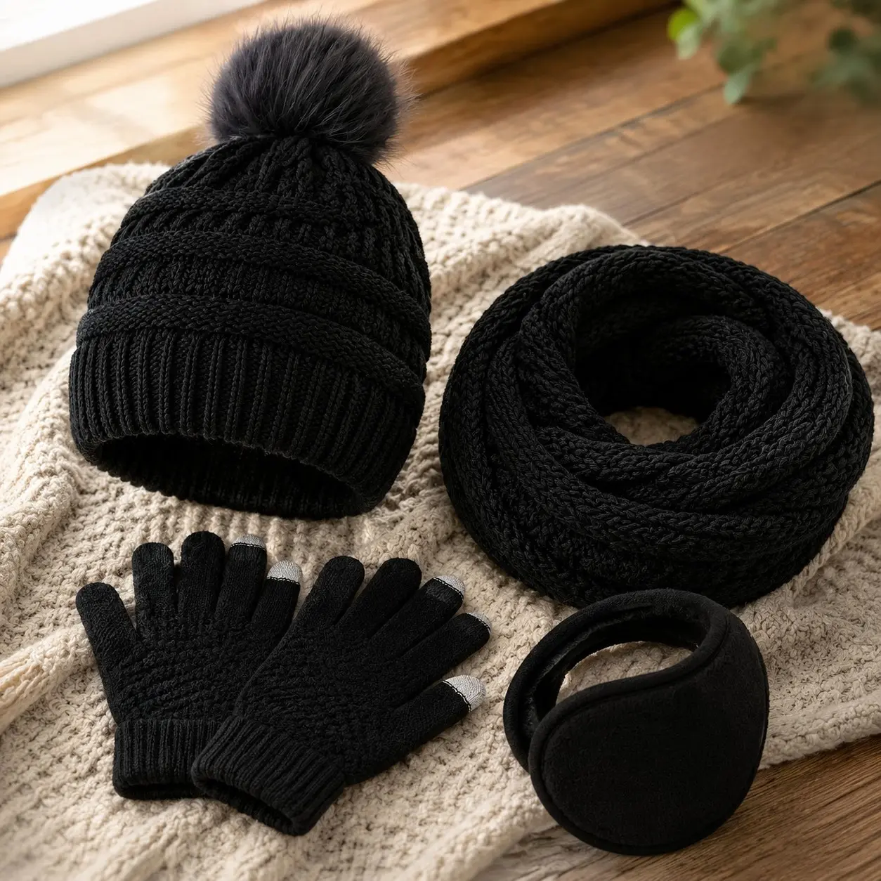 Winter Beanie Hat Scarf Gloves Set with Ear Muffs Warmer for Women(Gift)