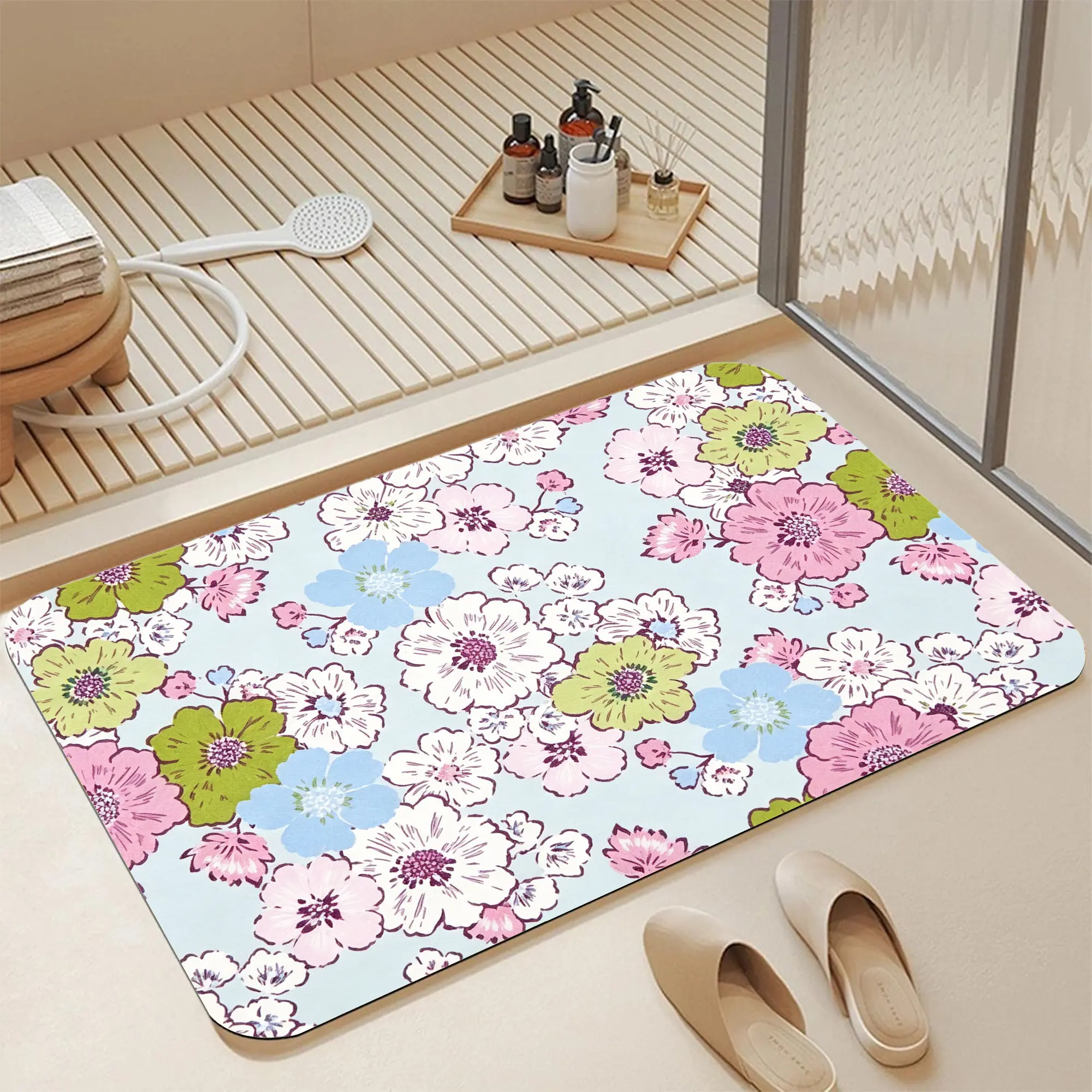 Vintage hand‑outlined seamless floral pattern with layered pink,  lime‑green and creamy‑white wild blossoms, deep plum stamen detailing scattered over soft pale blue base, lively spring cottage garden flower print Diatomaceous Earth Bath Mat, 16*24 Inch