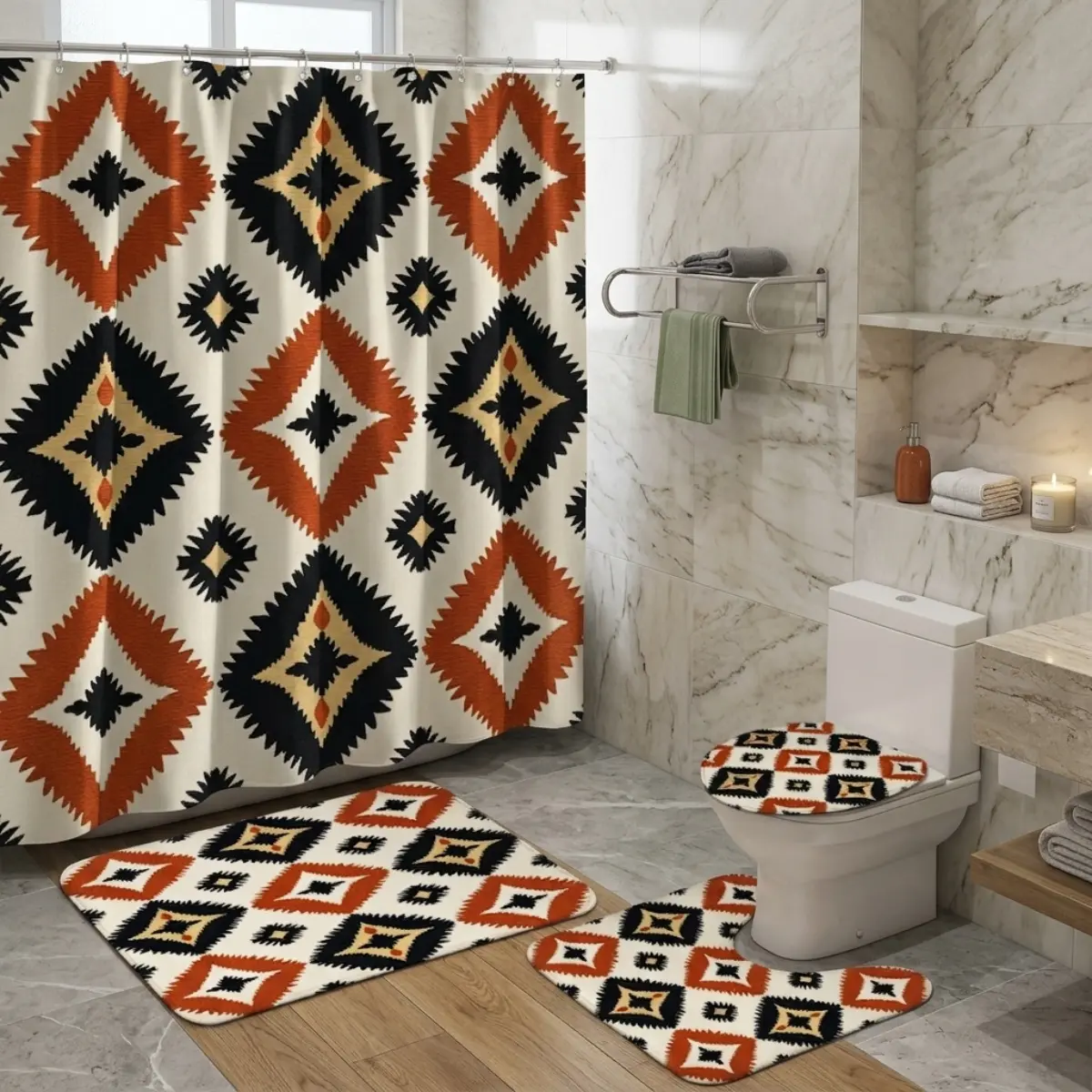 4pcs Boho Aztec Shower Curtain Set, Orange Black Geometric Diamond Print, Halloween Fall Bathroom Decor, TikTok Shop Trending Home Decor