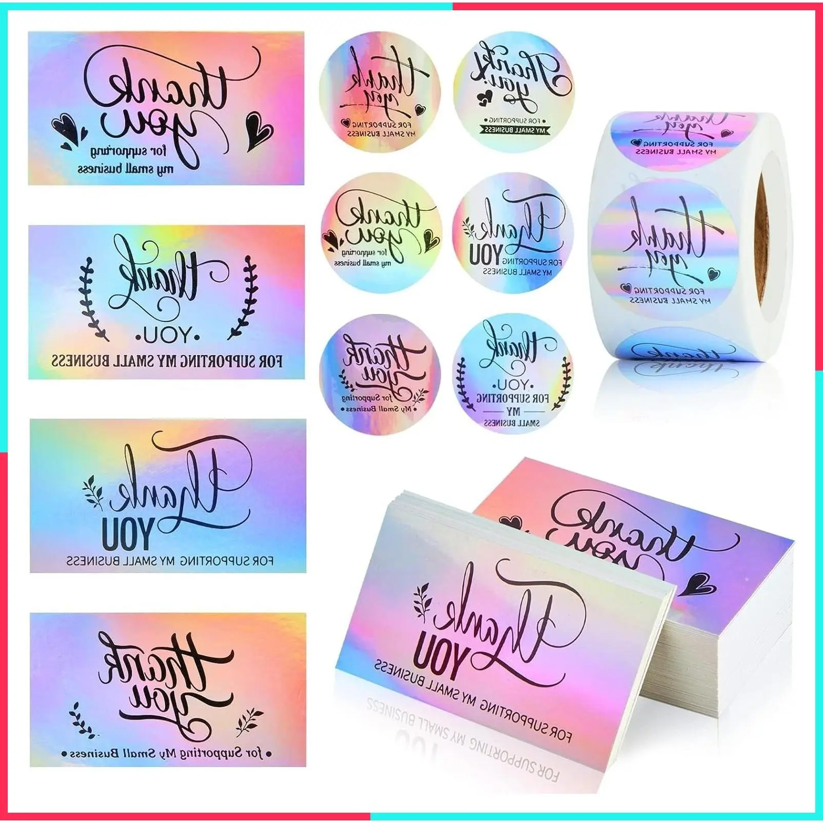 620Pcs Holographic Thank You Cards and Stickers for Small Business Support, Order Packaging Labels