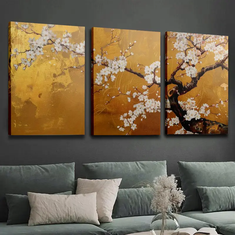 3 Panels Golden Background White Plum Blossom Framed Canvas Wrap poster, Luxury Floral Wall Decor, Vintage White Flower Branch Canvas Art For Living Room Bedroom Villa Home Decor, Elegant Golden Wall Art