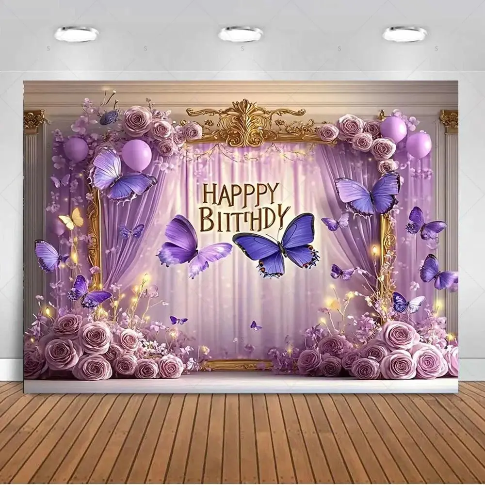 Purple Butterfly Dreamy Backdrop Background Cloth, Elegant Butterfly Tapestry Wall Hanging Photography Background Premium Polyester Fabric, Wedding Party Decor, Event Celebration, Photo Studio Prop, Birthday Background Setup