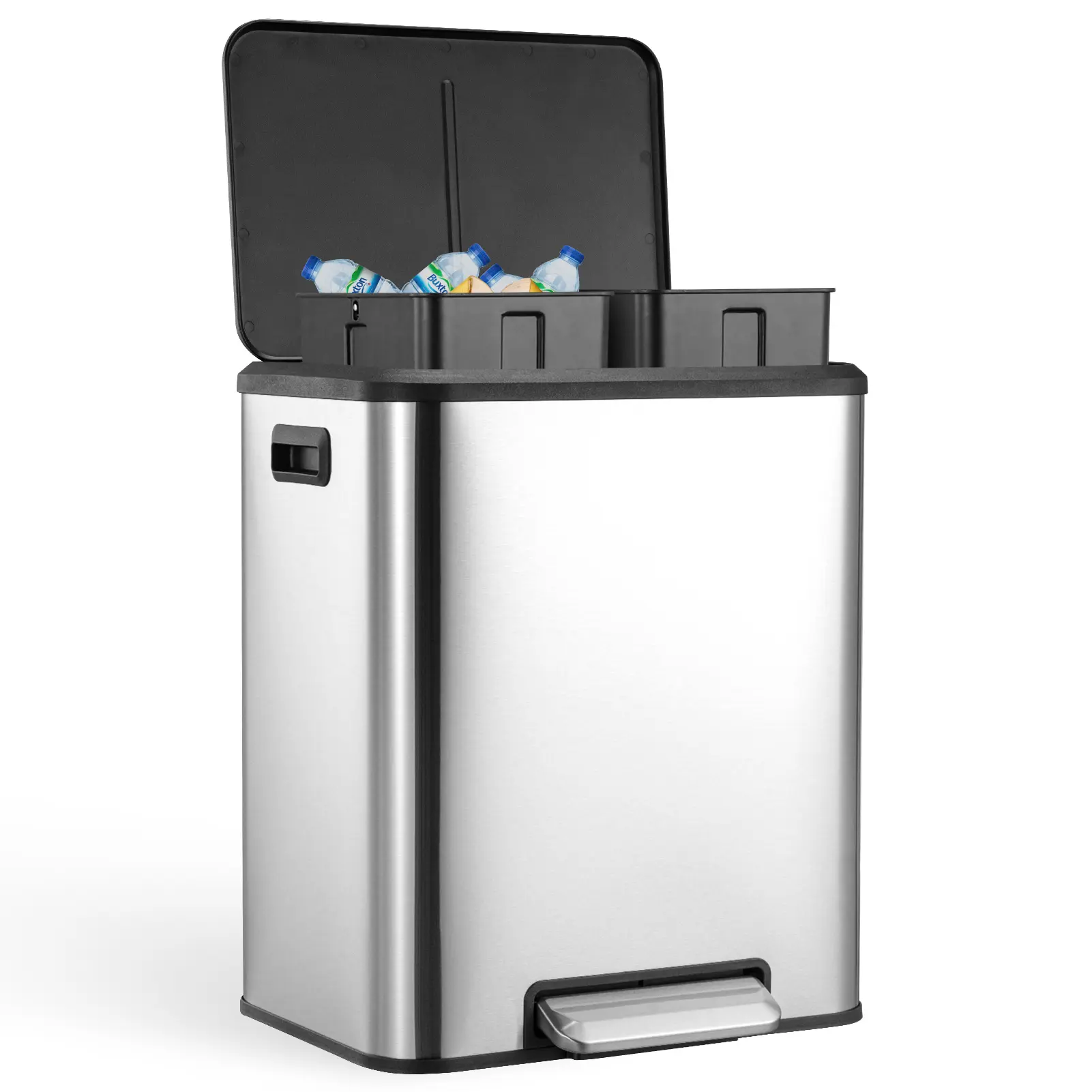 Dual Compartment Kitchen Trash Can - 30L Stainless Steel - Soft-Close Step Pedal - Removable Inner Buckets - Smudge-Resistant Rectangular Garbage Bin for Home, Office, Bathroom