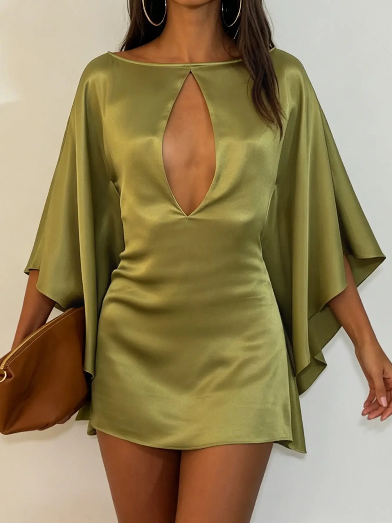 Vintage Elegant Chic Women's Boat Neck Back Cut Out Zipper Batwing Sleeve Slim Fit Long Sleeve Short Satin Dress, Retro Style Formal Evening Wear